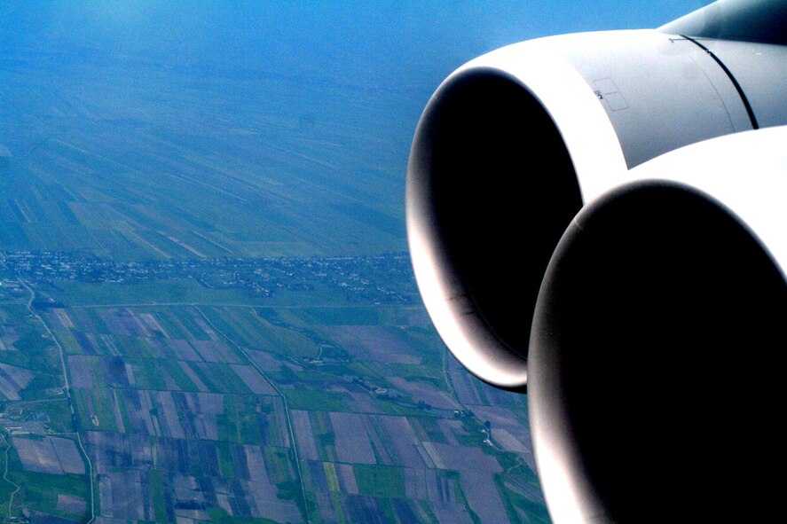 Thne countryside of Kygyzstan can be seen through the window of a C-5M Super Galaxy during an airlift mission on June 7, 2011.  (U.S. Air Force Photo/Master Sgt. Scott T. Sturkol)