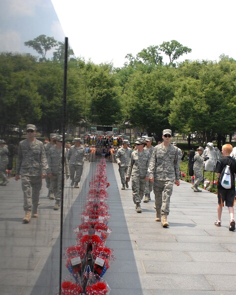 ARLINGTON, Va. -- Airmen from the 4th Fighter Wing, Seymour Johnson Air Force Base, N.C., toured the war memorials in Arlington National Cemetery June 1, 2011. Fourth Fighter Wing Airmen visited Washington to accept the inaugural Doolittle Award during a ceremony June 2. (U.S. Air Force photo/Senior Airman Gino Reyes)(Released)