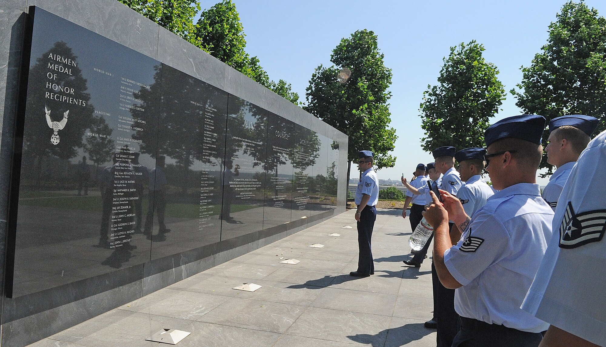 ARLINGTON, Va. -- Airmen from the 4th Fighter Wing, Seymour Johnson Air Force Base, N.C., toured the Air Force Memorial prior to accepting the inaugural Doolittle Award June 2, 2011. The Air Force Historical Foundation presented the 4th Fighter Wing with its newest honor, the James H. "Jimmy" Doolittle Award, continuing its tradition of recognizing those who have made significant strides in the contribution to and documentation of air power history. (U.S. Air Force photo/Senior Airman Gino Reyes)(Released)