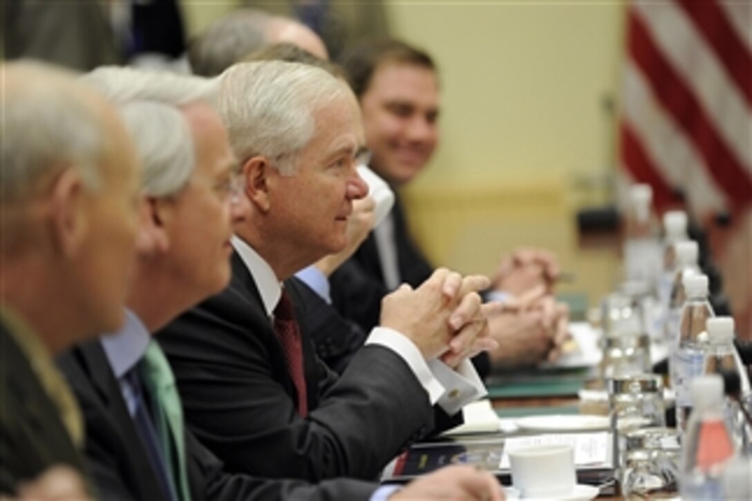 Secretary of Defense Robert M. Gates conducts a bilateral meeting with Australian Defense Minister Stephen Smith at the NATO headquarters in Brussels, Belgium, on June 8, 2011.  Gates is in Brussels to attend the NATO Defense Ministerial.  