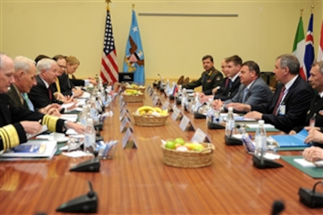 Secretary of Defense Robert M. Gates meets with Russian Defense Minister Anatoliy Serdyukov during the NATO Defense Ministerial in Brussels, Belgium, on June 8, 2011.  