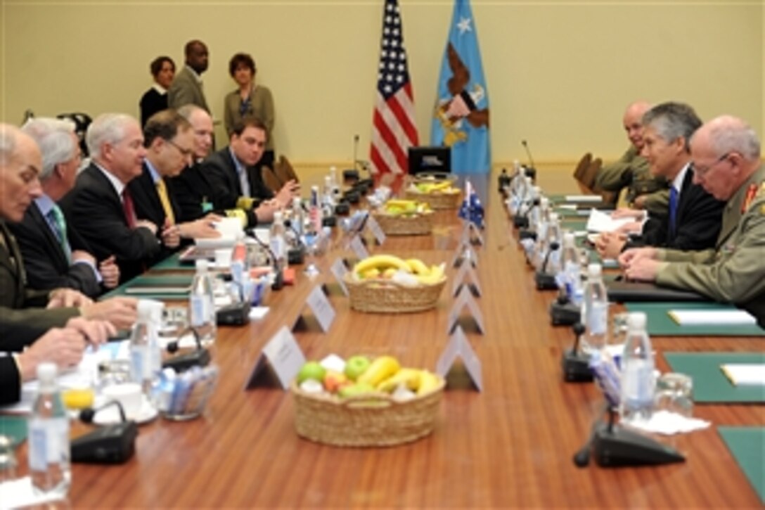 Secretary of Defense Robert M. Gates conducts a bilateral meeting with Australian Defense Minister Stephen Smith at the NATO headquarters in Brussels, Belgium, on June 8, 2011.  Gates is in Brussels to attend the NATO Defense Ministerial.  