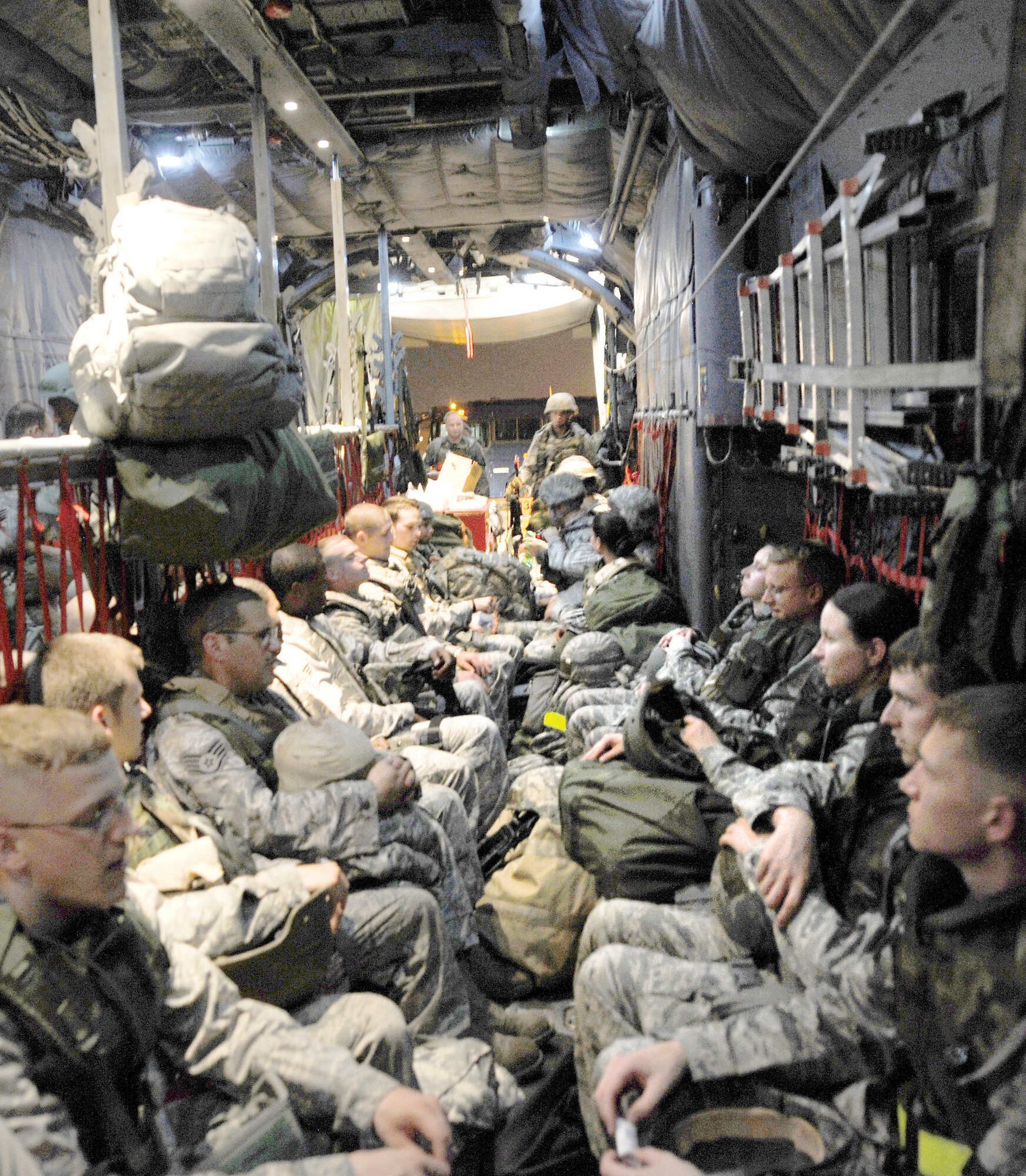 Little Rock Air Force Base Airmen await take off on a C-130 June 4, 2011, at Little Rock Air Force Base, Ark. during an operational readiness exercise. The purpose of the exercise was to prepare Airmen for the operational readiness inspection in October. (U.S. Air Force photo by Airman 1st Class Rusty Frank)