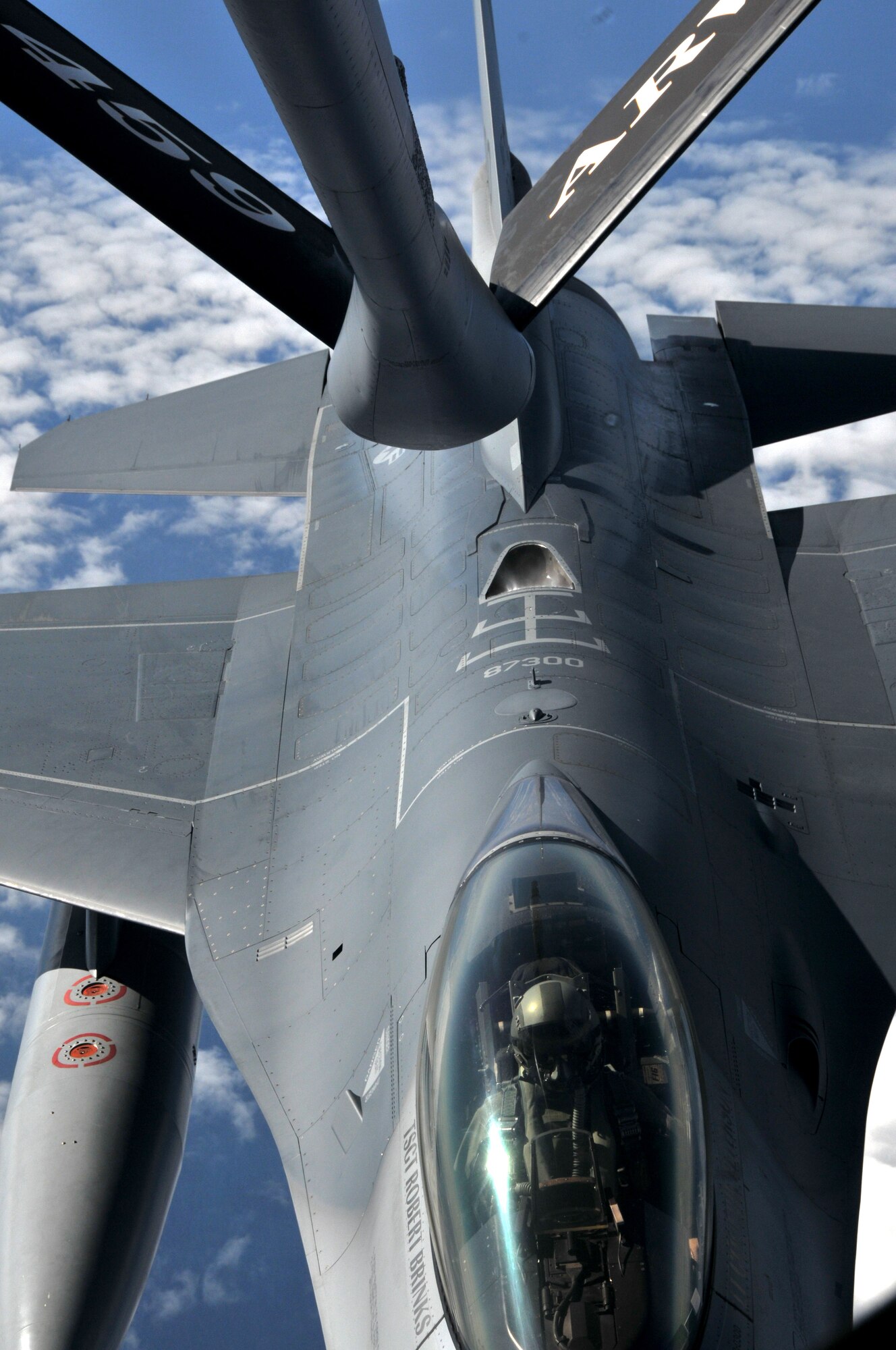 An F-16 from the 115th Fighter Wing, Madison, Wis., gets refueled from a KC-135 from the 459th Air Refueling Wing, Joint Air Base Andrews, Maryland, as they participate in Operation Northern Viking June 7, 2011, training with approximately 400 US and NATO forces in Iceland focusing mainly on air-space protection.  (U.S. Air Force photo by Senior Airman Ryan Roth)