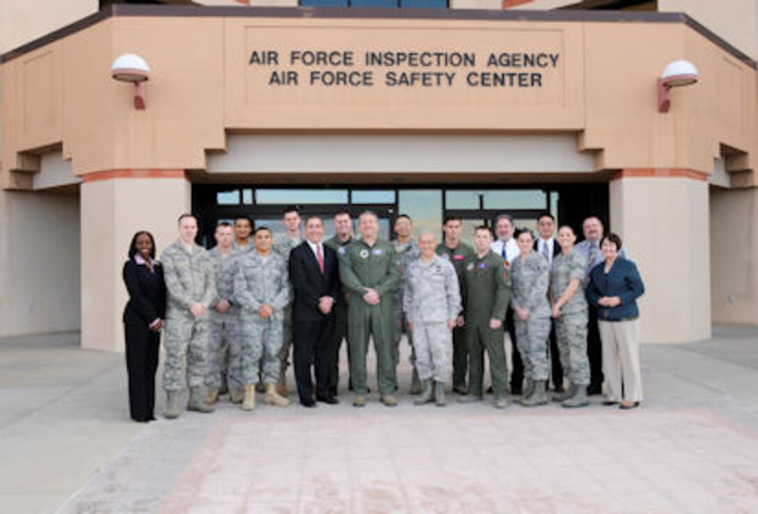KIRTLAND AFB, N.M. – Maj. Gen. Greg Feest, Air Force Safey Center commander, and Mr. Roberto Guerrero, AFSC Executive Director, stand with Airman-to-Airman Safety Advisory Council members here, Feb. 8.  Comprising 10 Airmen from across the Air Force, the panel membersoffered their insights on communicating safety messages with the 17-26-year age group (Photo illustration/Dennis Spotts).  