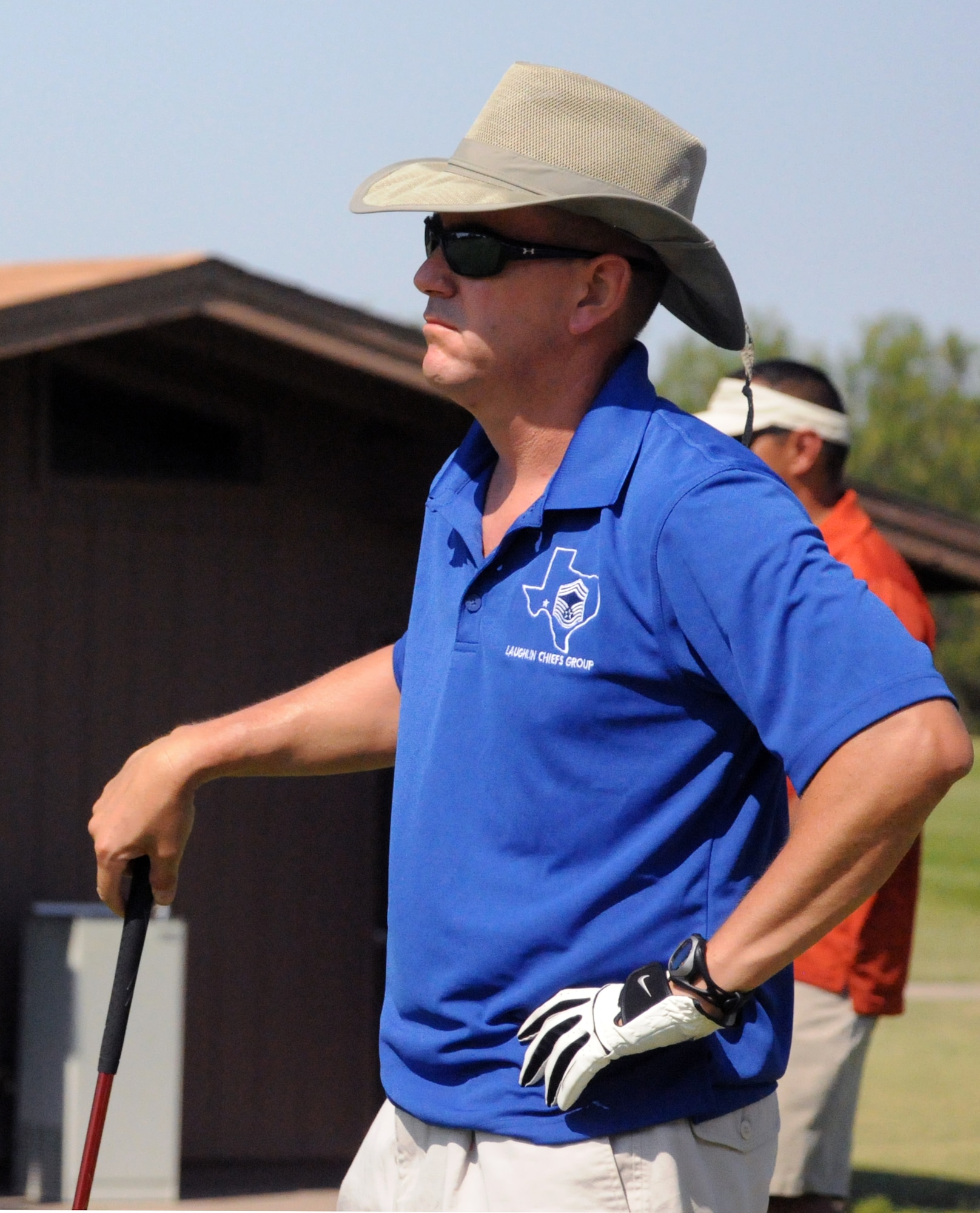 LAUGHLIN AIR FORCE BASE, Texas -- Chief Master Sgt. Dean Ferris, 47th Operations Group, follows a drive during a Chiefs and Shirts versus Commanders Golf Tournament here recently. (U.S. Air Force photo by Senior Airman Scott Saldukas)