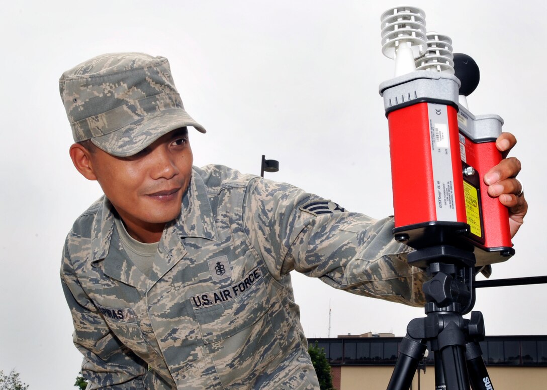Staff Sgt. Donny Aspiras, 579th Medical Operations Squadron bioenvironmental engineering technician, checks the Wet Bulb Globe Temperature Tuesday, June 7. WBGT is a piece of equipment used by bioenvironmental to estimate the effect of temperature, humidity, wind speed or chill and solar radiation on humans. It also determines appropriate exposure levels to high temperatures so the base can display a flag to indicate the heat category based on the results. (U.S. Air Force photo/Senior Airman Laura Turner)