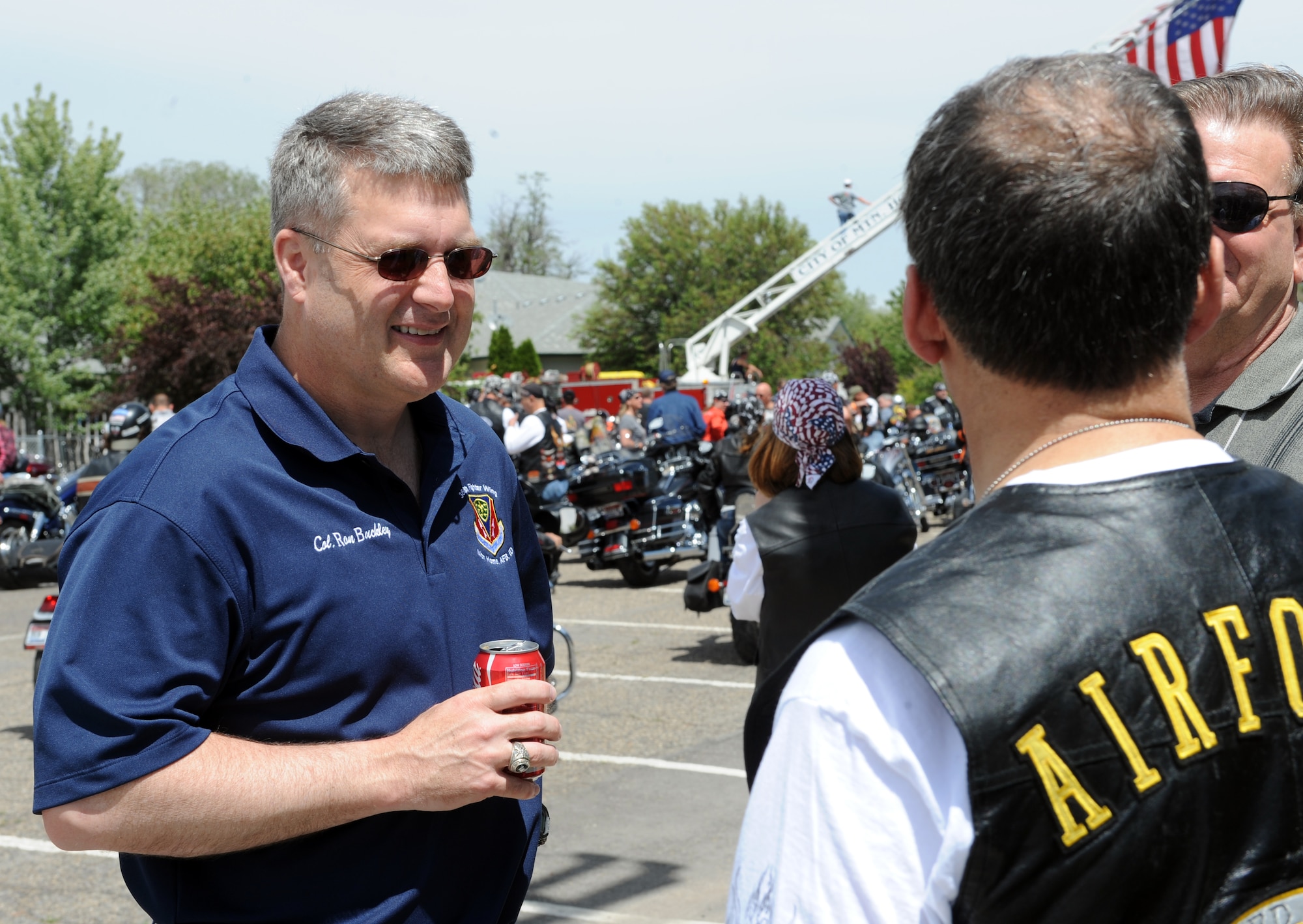 MOUNTAIN HOME, Idaho –Col. Ron Buckley, 366th Fighter Wing commander, spoke with participants of the Patriot Thunder event at Eastside Park June 5. The 2nd annual event raised more than $25,000 to support Operation Warmheart, the Wounded Warrior Fund and Idaho Guard and Reserve Family Support Fund. (U.S. Air Force photo by Senior Airman Debbie Lockhart)