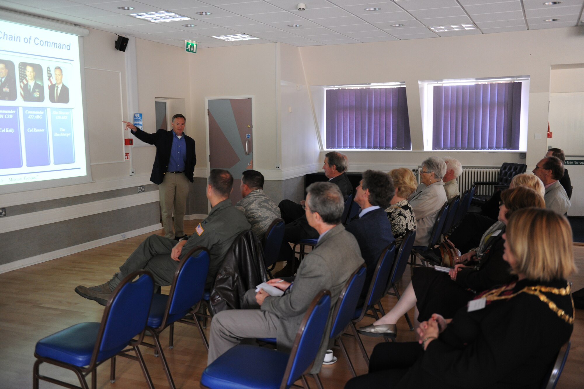 (At Left) Tim Hershberger, 420th Air Base Squadron site director, describes RAF Fairford’s role in the U.S. Air Forces in Europe structure to local civic leaders during the RAF Fairford Civic Leaders Tour June 8. (U. S. Air Force photo/1st Lt. Brian Maguire)