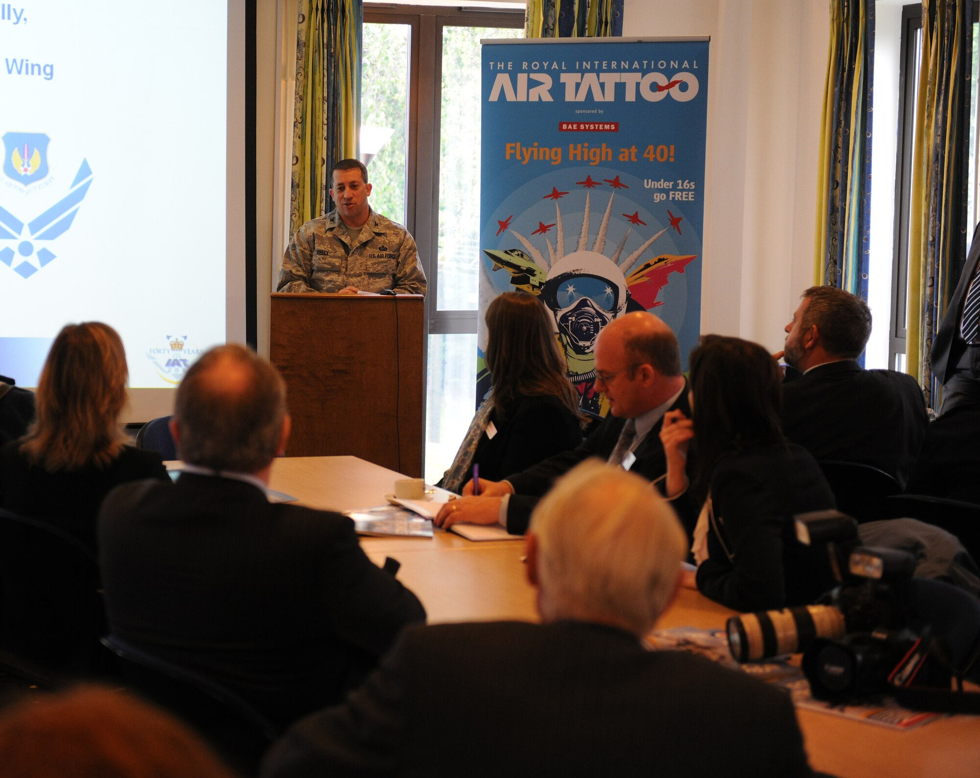 Col. Brian Kelly, 501st Combat Support Wing commander, speaks with media during the Royal International Air Tattoo Media Day at RAF Fairford June 8. This year’s RIAT is the 40th anniversary of the world’s largest military airshow, and will be held July 16-17 at RAF Fairford. (U.S. Air Force photo/1st Lt. Brian Maguire)