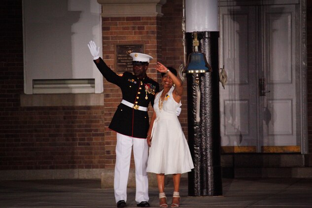 Retired Sgt. Maj. of the Marine Corps Carlton W. Kent and his wife, Liz, wave goodbye at the conclusion of the Sergeant Major of the Marine Corps relief and appointment ceremony at Marine Barracks Washington June 9, 2011. Kent retired from active duty service in the Marine Corps after service for 35 years. Newly appointed Sgt. Maj. of the Marine Corps Micheal Barrett took reins as the senior enlisted advisor to the Commandant of the Marine Corps.
