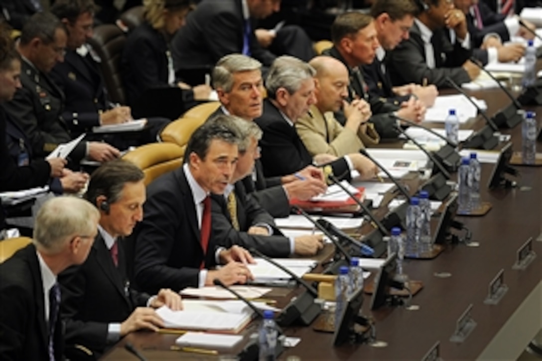 NATO Secretary General Anders Fogh Rasmussen speaks during the opening remarks at the NATO and non-NATO ISAF contributing nations meeting during the NATO formal Defense Ministerial in Brussels, Belgium, on June 9, 2011.  