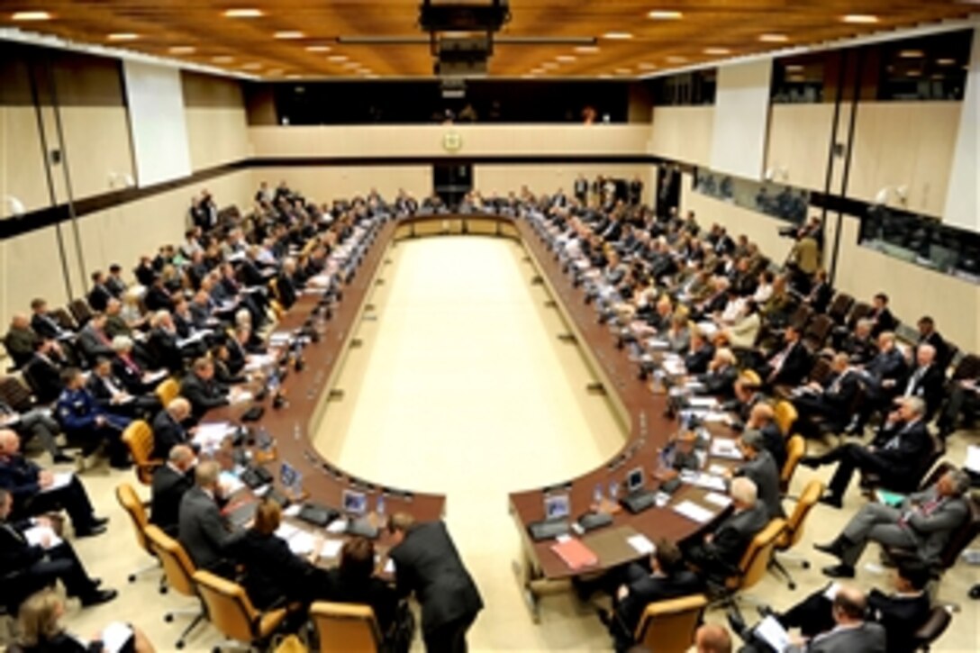 U.S. Defense Secretary Robert M. Gates attends the NATO and non-NATO International Security Assistance Force contributing nations meeting during the NATO formal Defense Ministerial in Brussels, June 9, 2011.