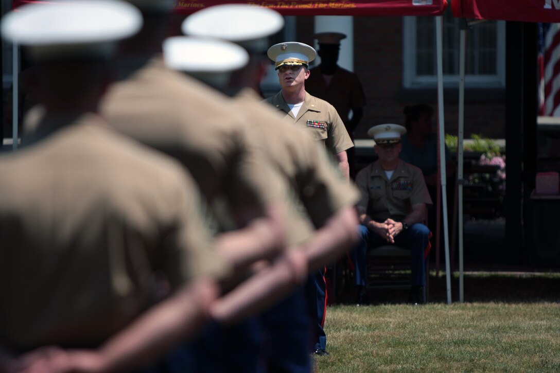 Major Matthew T. Milburn, commanding officer, Recruiting Station Albany, addresses his Marines for the first time during the RS Albany change of command ceremony, June 10.  “There are two priorities, quality and quantity," he said.  "At the end of the day, our mission is to provide the quality and quantity of young men and women needed to keep the Marine Corps strong, relevant and successful.”