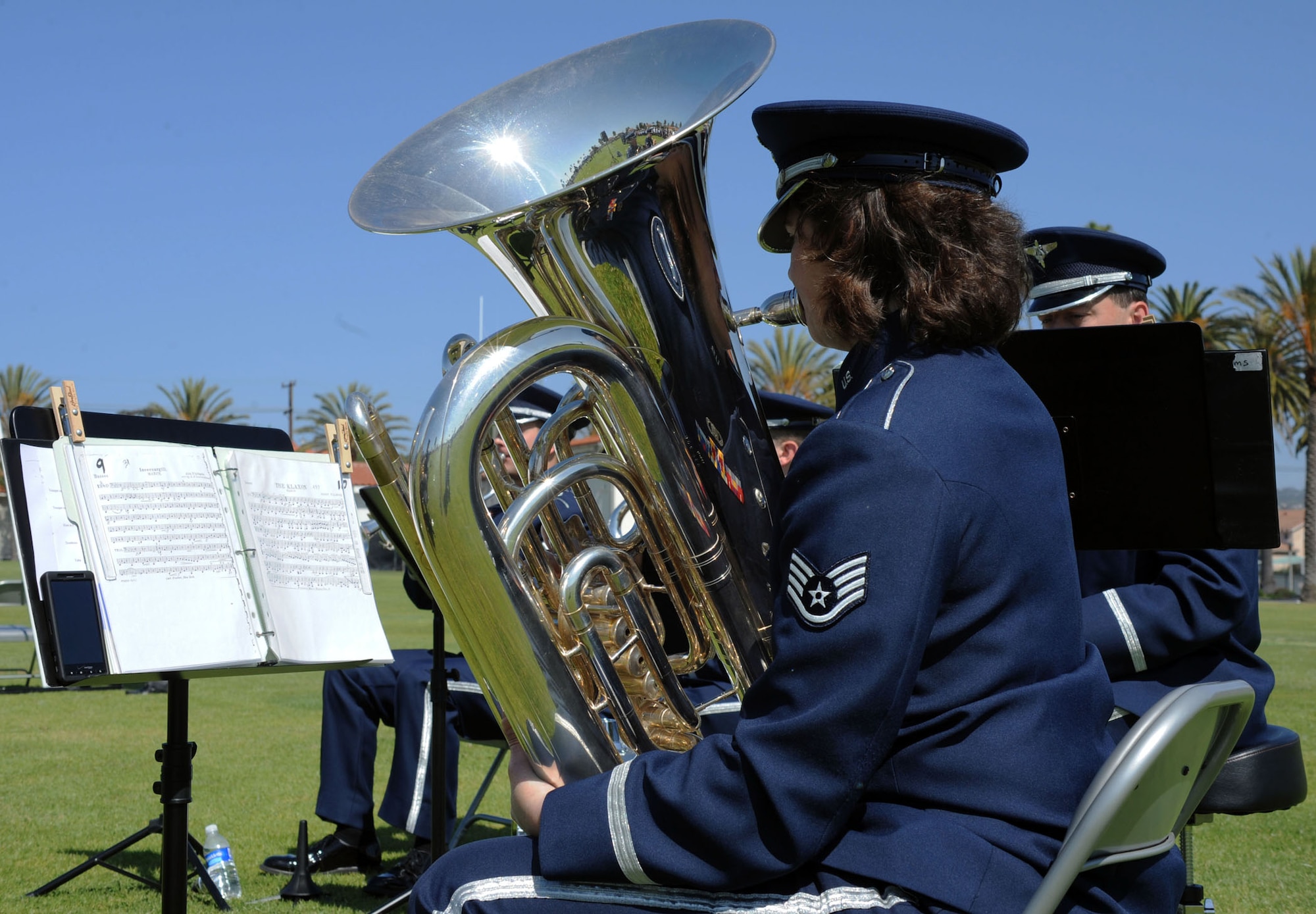 Musicians from the Band of the Golden West, play ceremonial music during the SMC change of command ceremony, June 3. Lieutenant Gen. Ellen Pawlikowski assumed command from Lt. Gen. Tom Sheridan at the ceremony. (Photo by Sarah Corrice)