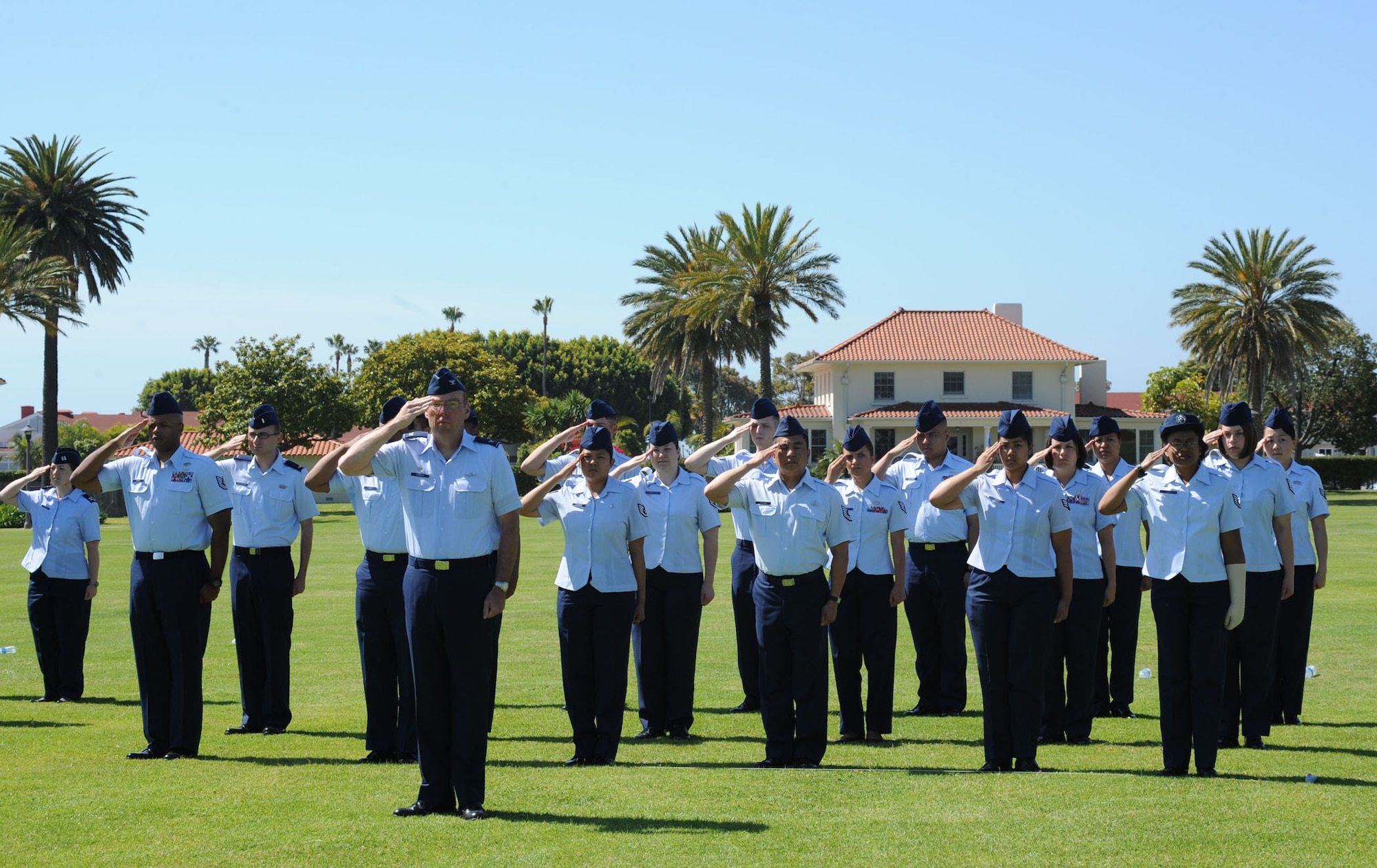 Airmen from the 61st Air Base Group stand in formation during the SMC change of command ceremony, June 3. The ceremony was held at Fort MacArthur.  (Photo by Sarah Corrice)