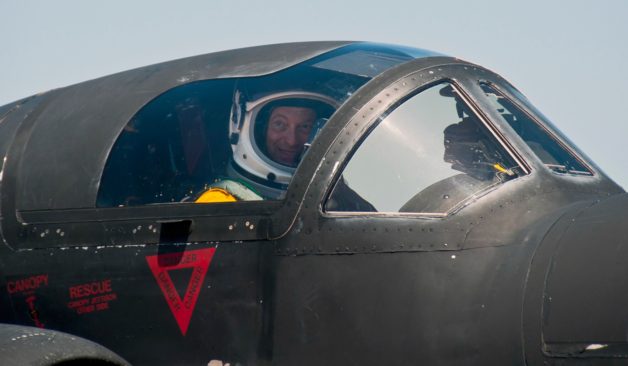 Gary Sinise looks out the cockpit window of a U-2 Dragon Lady June 8, 2011, at Beale Air Force Base, Calif., after returning from a high flight at 70,000 feet.  (U.S. Air Force photo/Staff Sgt. Sarah Brown)