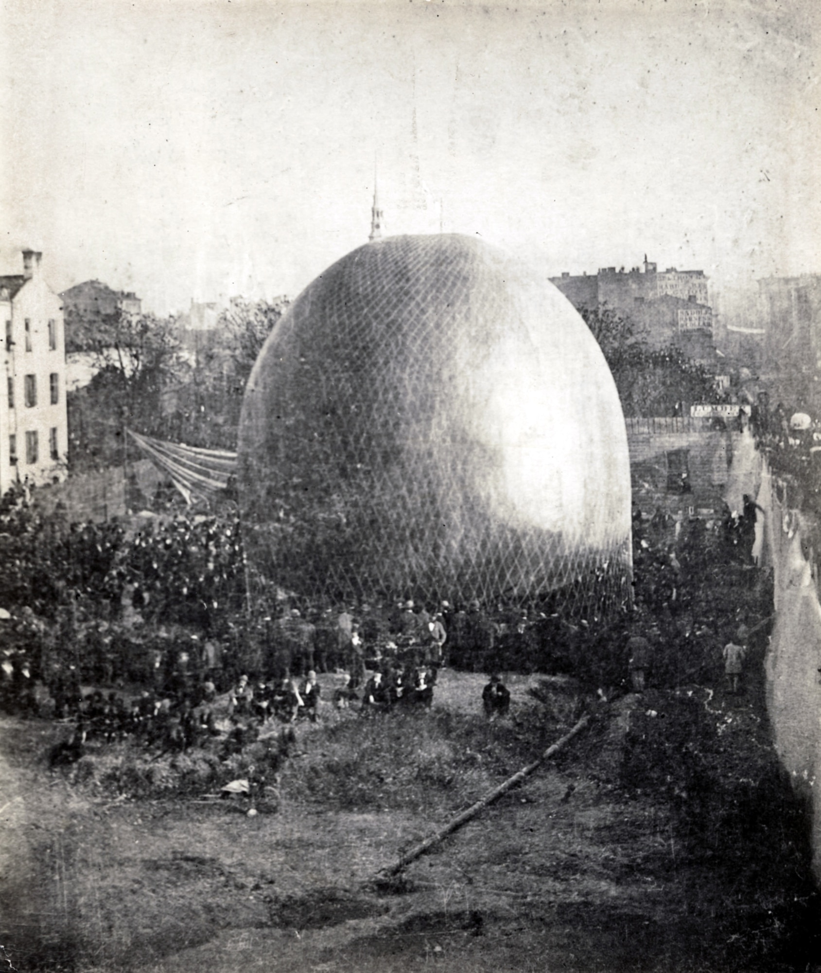 Thaddeus Lowe's balloon, Enterprise, is inflated in Cincinnati in 1861. Mr. Lowe demonstrated the balloon for President Abraham Lincoln. (Courtesy photo/Smithsonian Institution)