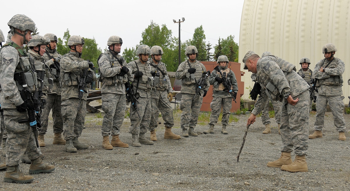 Tech. Sgt. Marco De La Cruz, a member of the 146th Security Forces Squadron, 146th Airlift Wing, Channel Islands Air National Guard Station, Calif. instructs personnel on field patrol tactics at Joint Base Elmendorf-Richardson, Anchorage, Alaska. (Photo by Tech. Sgt. Alex Koenig)