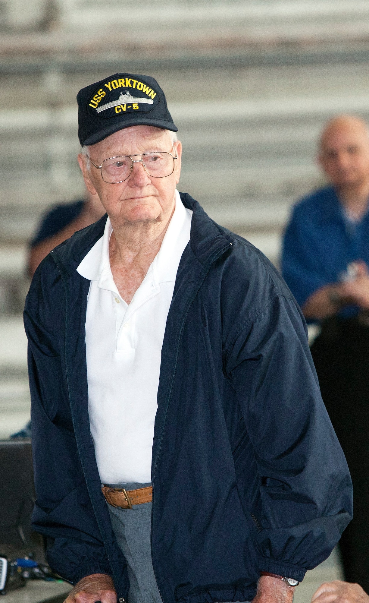 Chief Petty Officer (ret.) Joseph L. Waller, local New Jersey resident, attended the Joint Base McGuire-Dix-Lakehurst Battle of Midway ceremony June 3 where he was honored for his courage and heroism during the famous battle. Waller was approximately 22 years old while serving aboard the USS Yorktown when it was sunk by a Japanese submarine. (U.S. Air Force photo by Wayne Russell/Released) 
