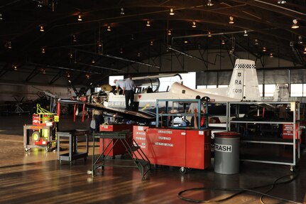 A T-6 Texan II aircraft is dismanteled during a phase inspection June 7 at Randolph Air Force Base.  (U.S. Air Force photo/Rich McFadden) (released)