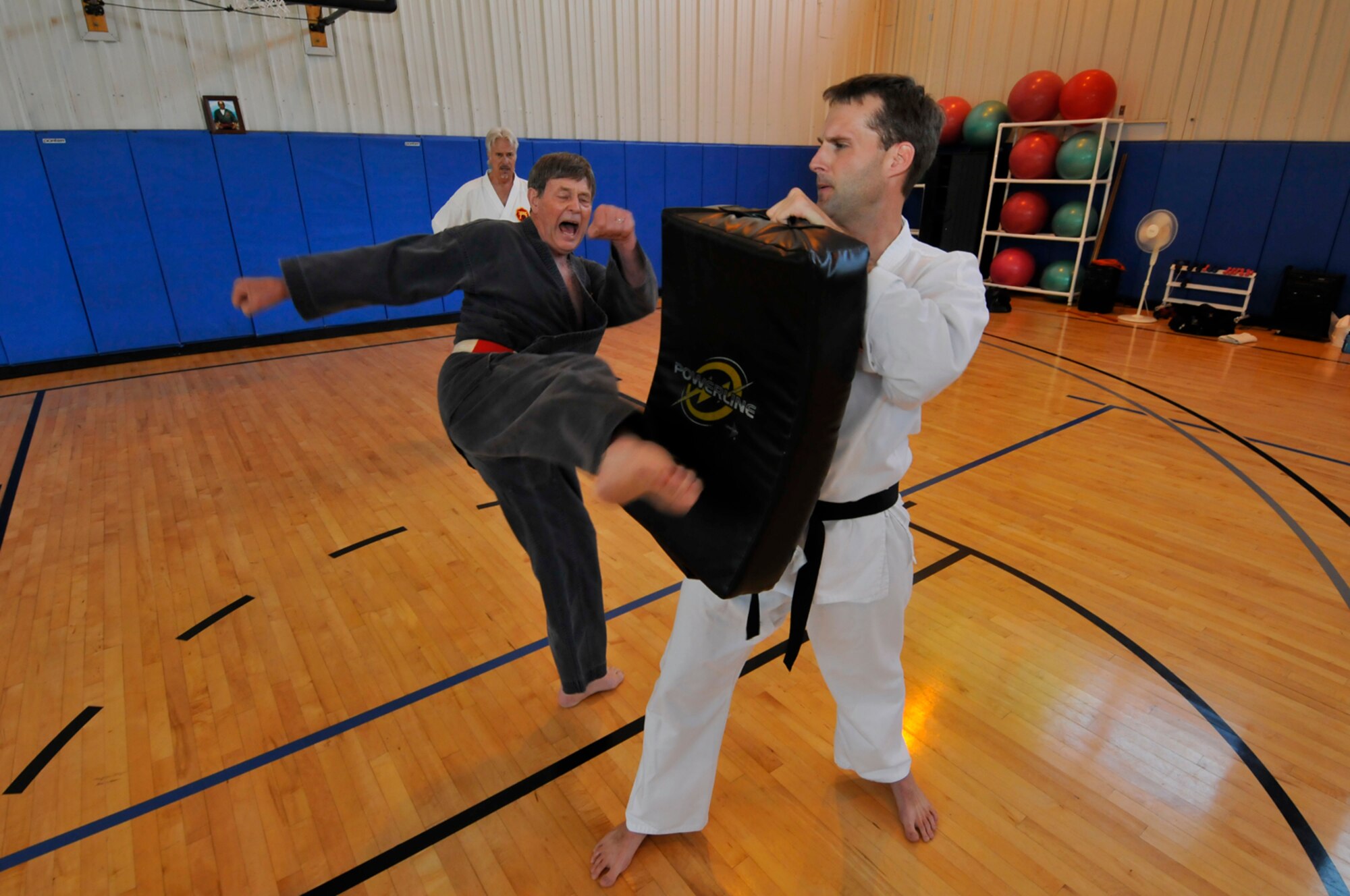 David Zieja looks on as Don Gardner demonstrates a karate kick as Dr. Richard Roberts braces for the blow. (Photo by Rick Goodfriend)