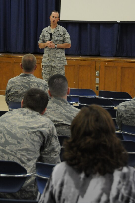 Colonel Brian Killough, 42nd Air Base Wing commander, fields questions from members of the Maxwell-Gunter community during the Caring for People Forum Tuesday. (Courtesy photo)