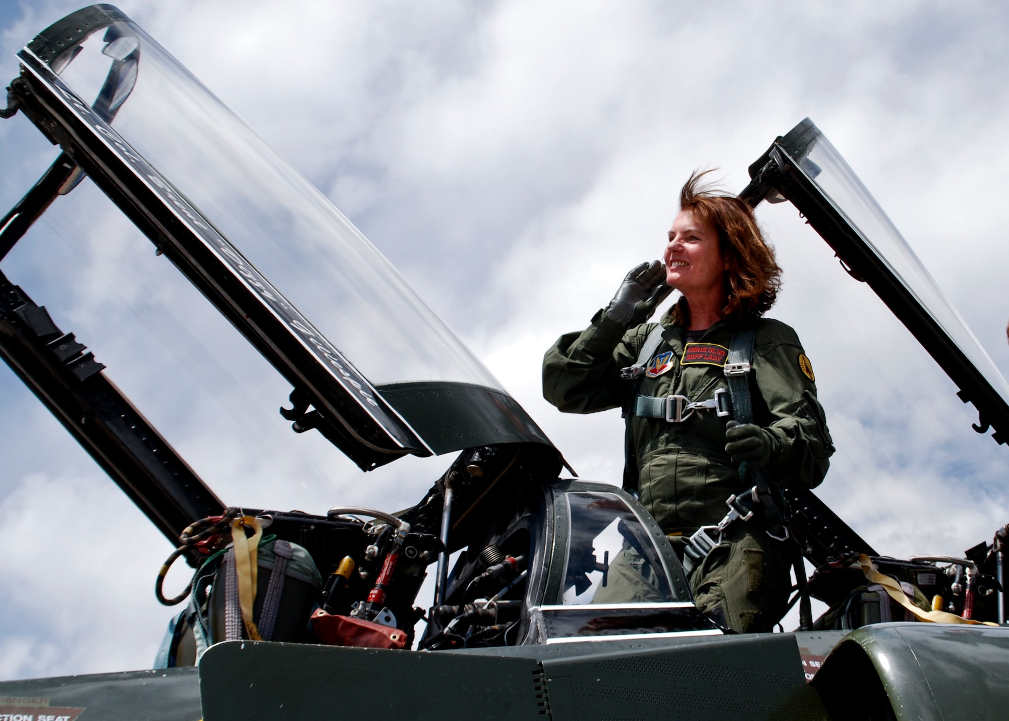 Christina Olds, daughter of Air Force hero, Brig. Gen. Robin Olds, is ready for her flight in a QF-4 from Det. 1 82nd Aerial Targets Squadron May 23.  Ms. Olds, represented her father in his former aircraft during a flyover at the Air Force Academy’s organizational awards. The F-4 was a replica of the SCAT XXVII her father flew with the 8th Tactical Fighter Wing Wolfpack in Vietnam.   General Olds was the Exemplar for the class of 2011.   Det. 1, 82nd ATRS is a geographically separated unit of the 53rd Wing, headquartered at Eglin Air Force Base, Fla.  (U.S. Air Force photo/ Rollan Yocum.)