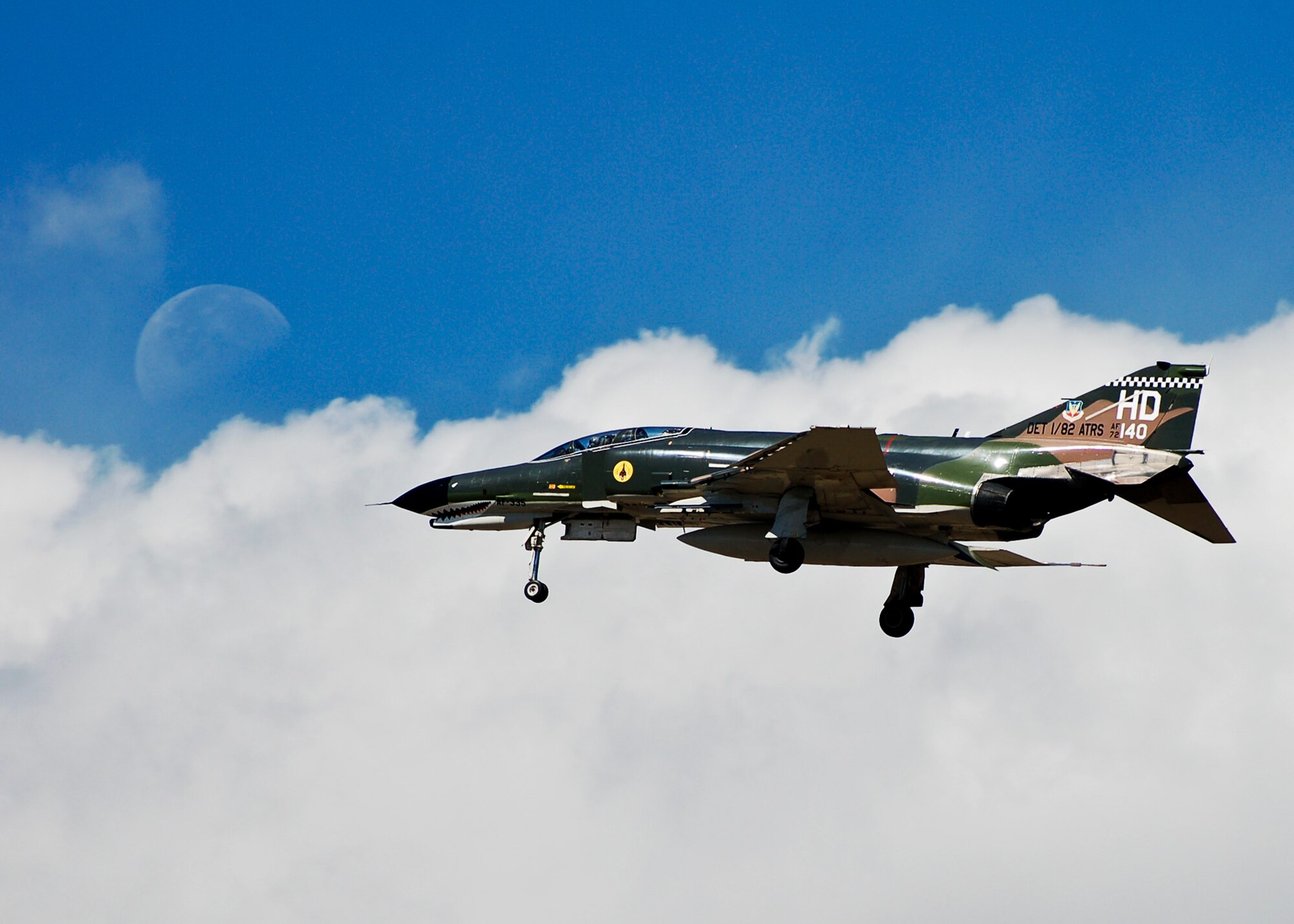 A QF-4 aircraft from 82nd Aerial Targets Squadron returns after a flyover at the Air Force Academy’s organizational awards parade May 23.  One of the F-4s involved in the flyover carried Christina Olds, representing her late father, Air Force hero, Brig. Gen. Robin Olds, who was named the Exemplar for the graduating class. The F-4 was a replica of the SCAT XXVII her father flew with the 8th Tactical Fighter Wing Wolfpack in Vietnam.   The  82nd ATRS is a geographically separated unit of the 53rd Wing, headquartered at Eglin Air Force Base, Fla.  (Courtesy photo)