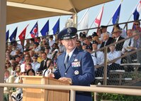 Col. Eric Axelbank, 37th Training Wing commander, addresses the audience during the 37th TRW change of command ceremony June 6. (U.S. Air Force photo/Alan Boedeker)