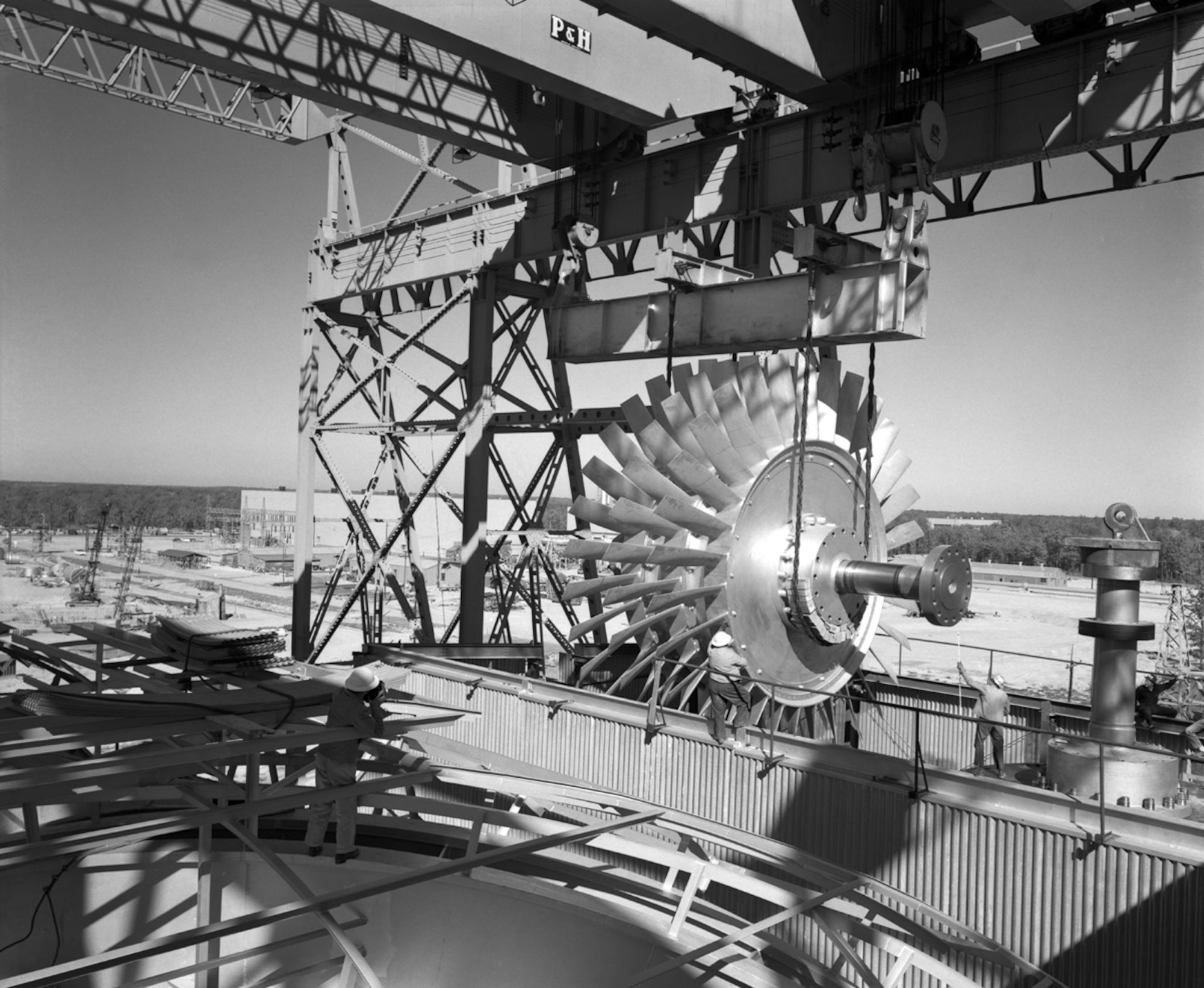 This 30--foot compressor rotor was installed in AEDC's 16-foot transonic wind tunnel Oct. 10, 1955. Today wind tunnel 16T is still used for a variety of tests.