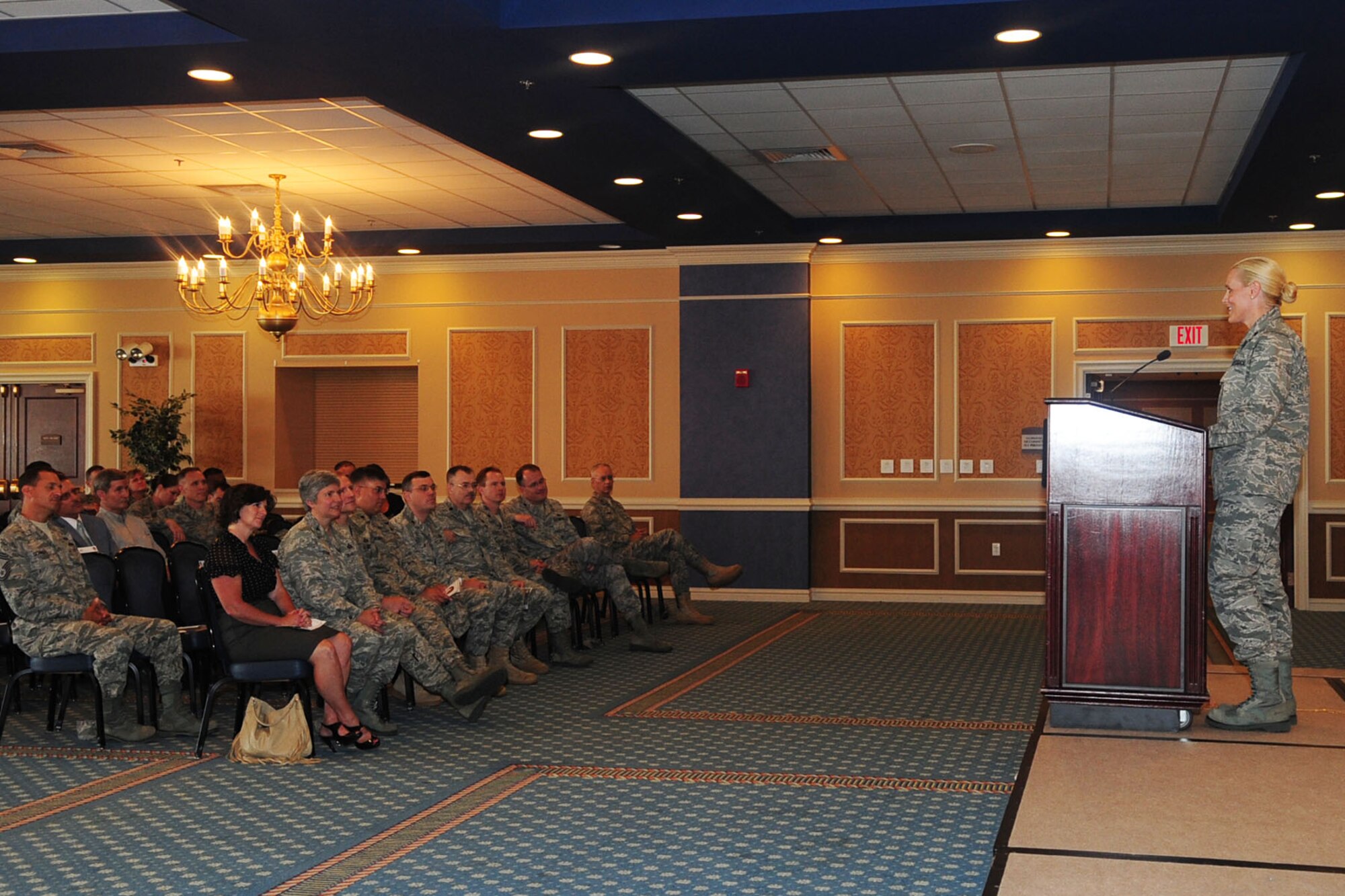 Lt. Col. Lynnette Herbert, 718th Intelligence Squadron commander, addresses the audience during the squadron activation ceremony at Langley Air Force Base, Va., June 7, 2011. The unit was activated to expand the intelligence force within the Air Force Reserve Command. (U.S. Air Force photo by Staff Sgt. Ashley Hawkins/Released)