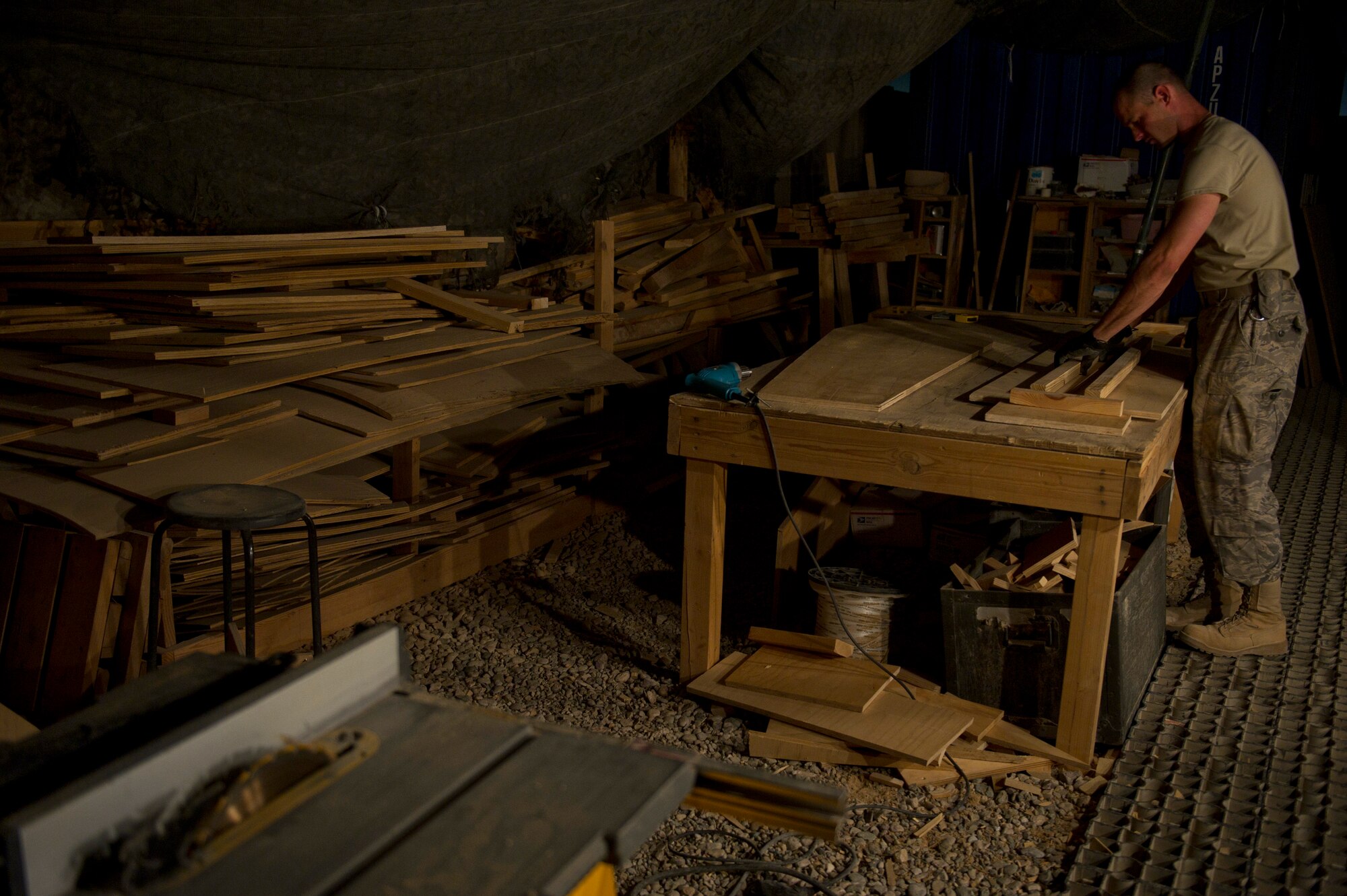 Master Sgt. Jason Reininger, 451st Expeditionary Aeromedical Evacuation Squadron Detachment 1 Contingency Aeromedical Staging Facility, aerospace medical technician, builds a child-size coffin that will be turned over to the Role 3 hospital at Camp Bastion, Afghanistan. Sgt. Reininger volunteered to build the coffin after finding out there was a need for one. Sgt. Reininger is a Reservist deployed from the 419th Medical Squadron, Hill AFB, Utah. (U.S. Air Force photo by Master Sgt. Adrian Cadiz)



