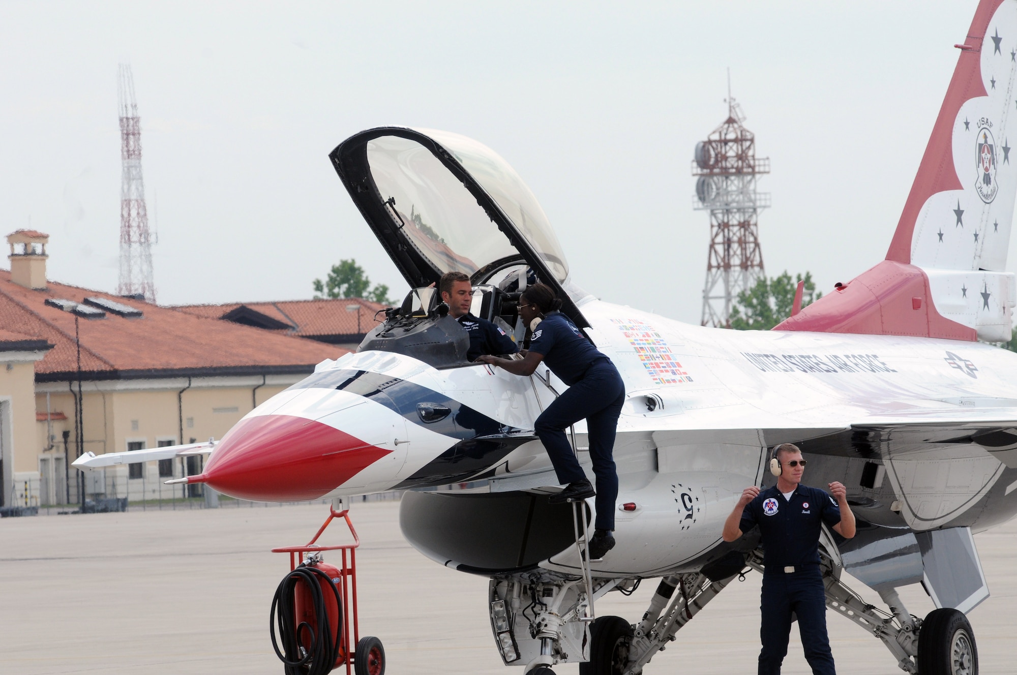 The U.S. Air Force air demonstration team, The Thunderbirds arrive at Aviano Air Base, Italy on June 9. The Thunderbirds were in Italy to participate in the Air Extreme 2011 Airshow in the city of Jeselo, Italy June 10-12. (U.S. Air Force photo/Airman LaVel Sterling)