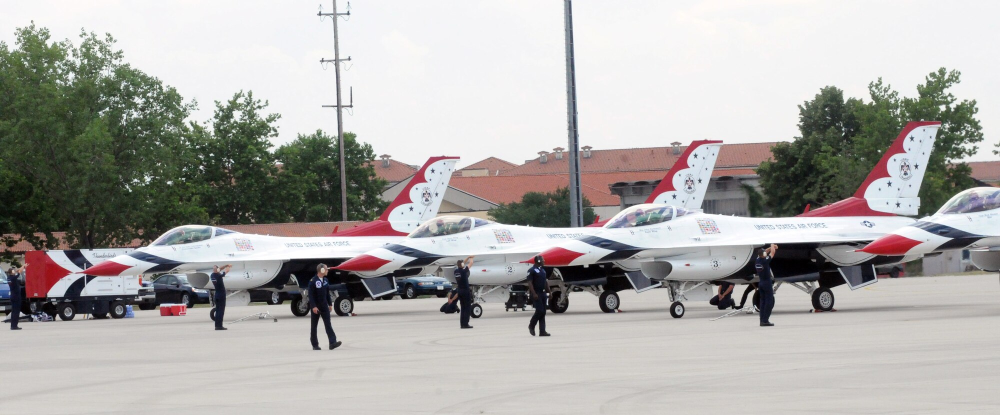 The U.S. Air Force air demonstration team, The Thunderbirds arrive at Aviano Air Base, Italy on June 9. The Thunderbirds were in Italy to participate in the Air Extreme 2011 Airshow in the city of Jeselo, Italy June 10-12. (U.S. Air Force photo/Airman LaVel Sterling)