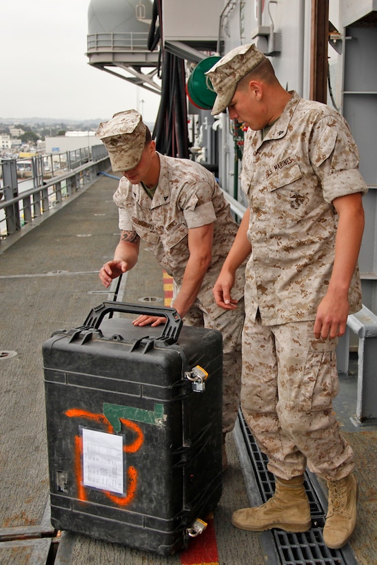 Lance Cpls. Miles G. Norris and Derek M. Sikes, field radio operators, communications section, 15th Marine Expeditionary Unit (MEU), load communications equipment on to the USS Peleliu for the STRAPEX they will be conducting this week, June 10. The STRAPEX or strap exercise is designed to better familiarize the 15th MEU communications Marines with their equipment.
