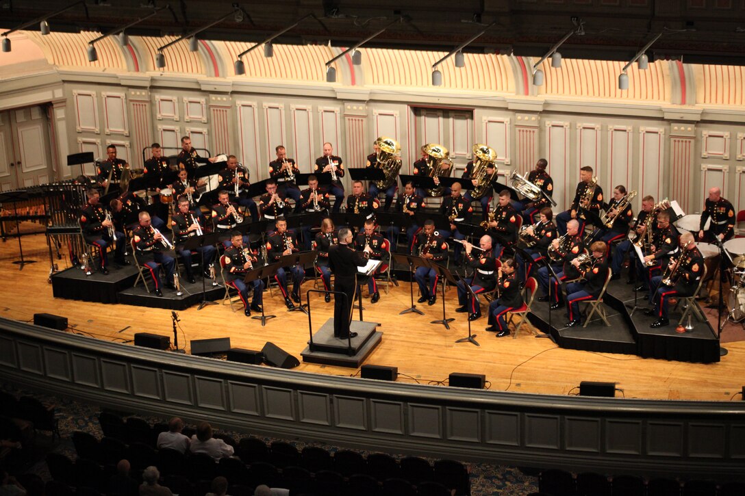 The 2nd Marine Aircraft Wing Band performs in concert at the Troy Savings Bank Concert Hall in Troy, N.Y., June 11. About 800 people attended the concert. The crowd consisted largely of military veterans who were compelled to stand on their feet for a musical version of the Pledge of Allegiance.