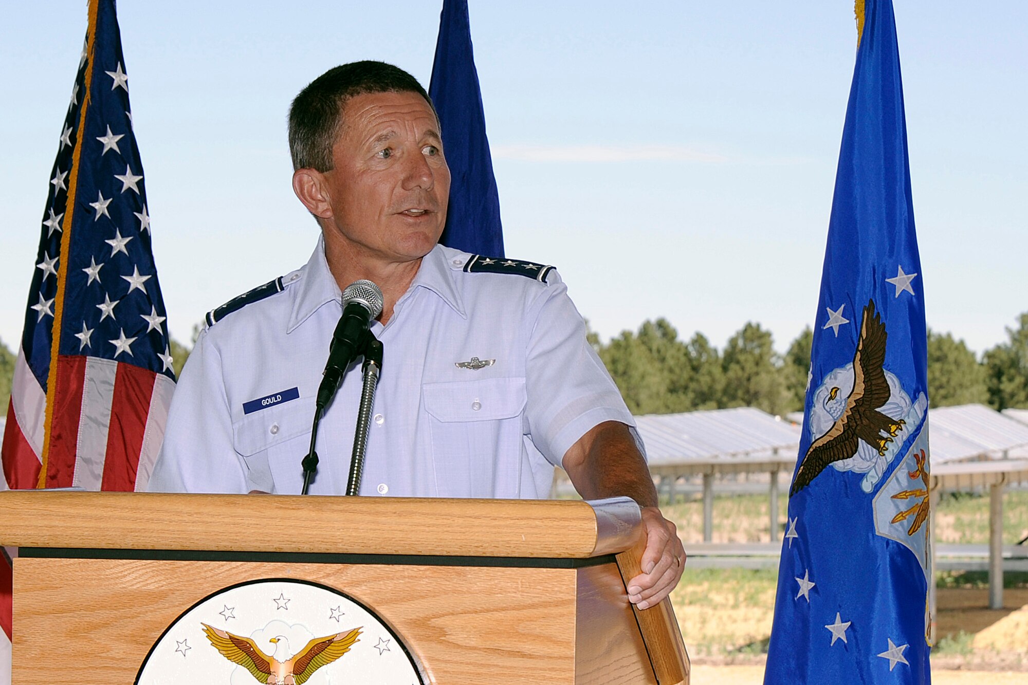 Lt. Gen. Michael C. Gould speaks at the dedication ceremony for the Air Force Academy's 6-megawatt solar array June 13, 2011. The array will produce about 12,000 megawatt-hours per year, or 11 percent of the Academy's overall energy needs. The Academy's vision is to produce 100 percent of its power through renewable resources by 2020. General Gould is the Academy superintendent. (U.S. Air Force photo/Mike Kaplan)