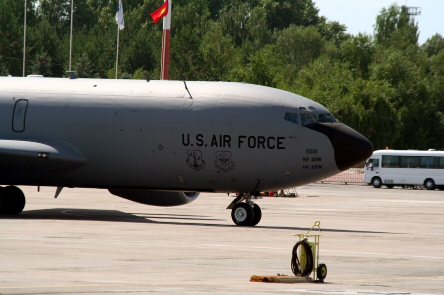 Aircrew Airmen assigned to the 376th Air Expeditionary Wing take a KC-135R Stratotanker out for a combat air refueling mission from the Transit Center at Manas, Kyrgyzstan, on June 7, 2011. The 376th AEW supports Operation Enduring Freedom and other operations in the U.S. Central Command area of responsibility. (U.S. Air Force Photo/Master Sgt. Scott T. Sturkol)