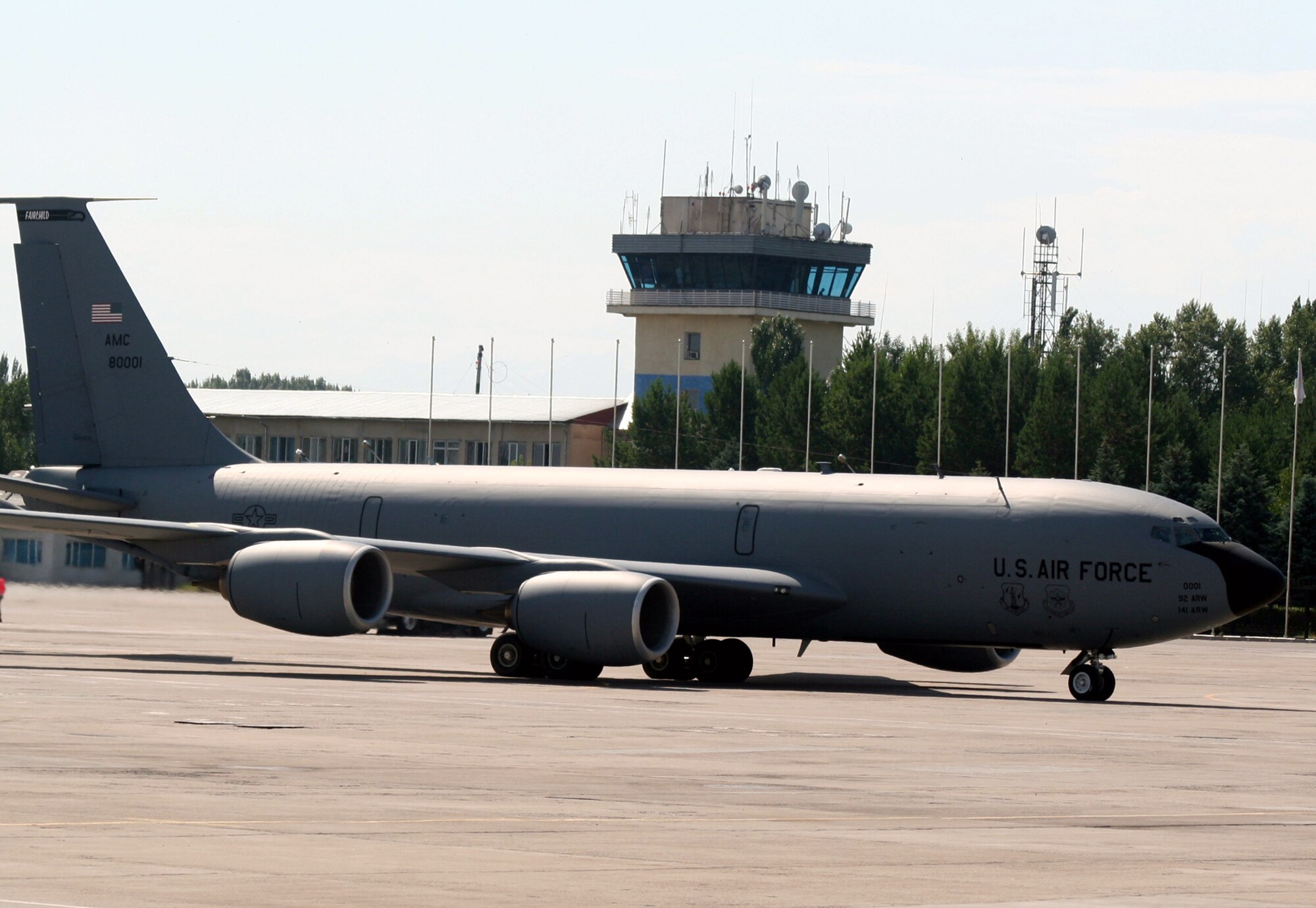 Aircrew Airmen assigned to the 376th Air Expeditionary Wing take a KC-135R Stratotanker out for a combat air refueling mission from the Transit Center at Manas, Kyrgyzstan, on June 7, 2011. The 376th AEW supports Operation Enduring Freedom and other operations in the U.S. Central Command area of responsibility. (U.S. Air Force Photo/Master Sgt. Scott T. Sturkol)