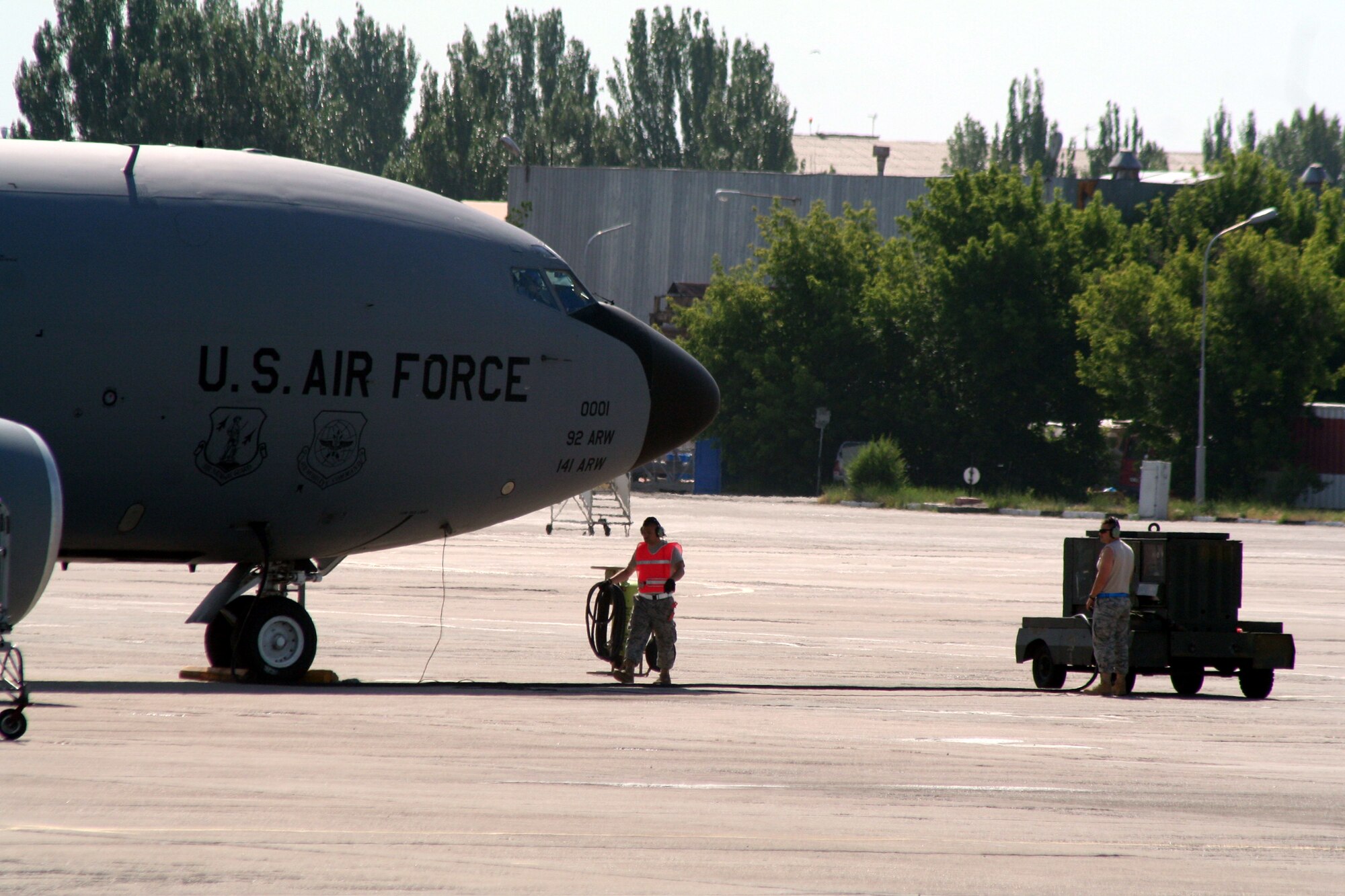 Aircraft maintenance Airmen assigned to the 376th Air Expeditionary Wing prepares KC-135R Stratotanker for a combat air refueling mission from the Transit Center at Manas, Kyrgyzstan, on June 7, 2011. The 376th AEW supports Operation Enduring Freedom and other operations in the U.S. Central Command area of responsibility. (U.S. Air Force Photo/Master Sgt. Scott T. Sturkol)