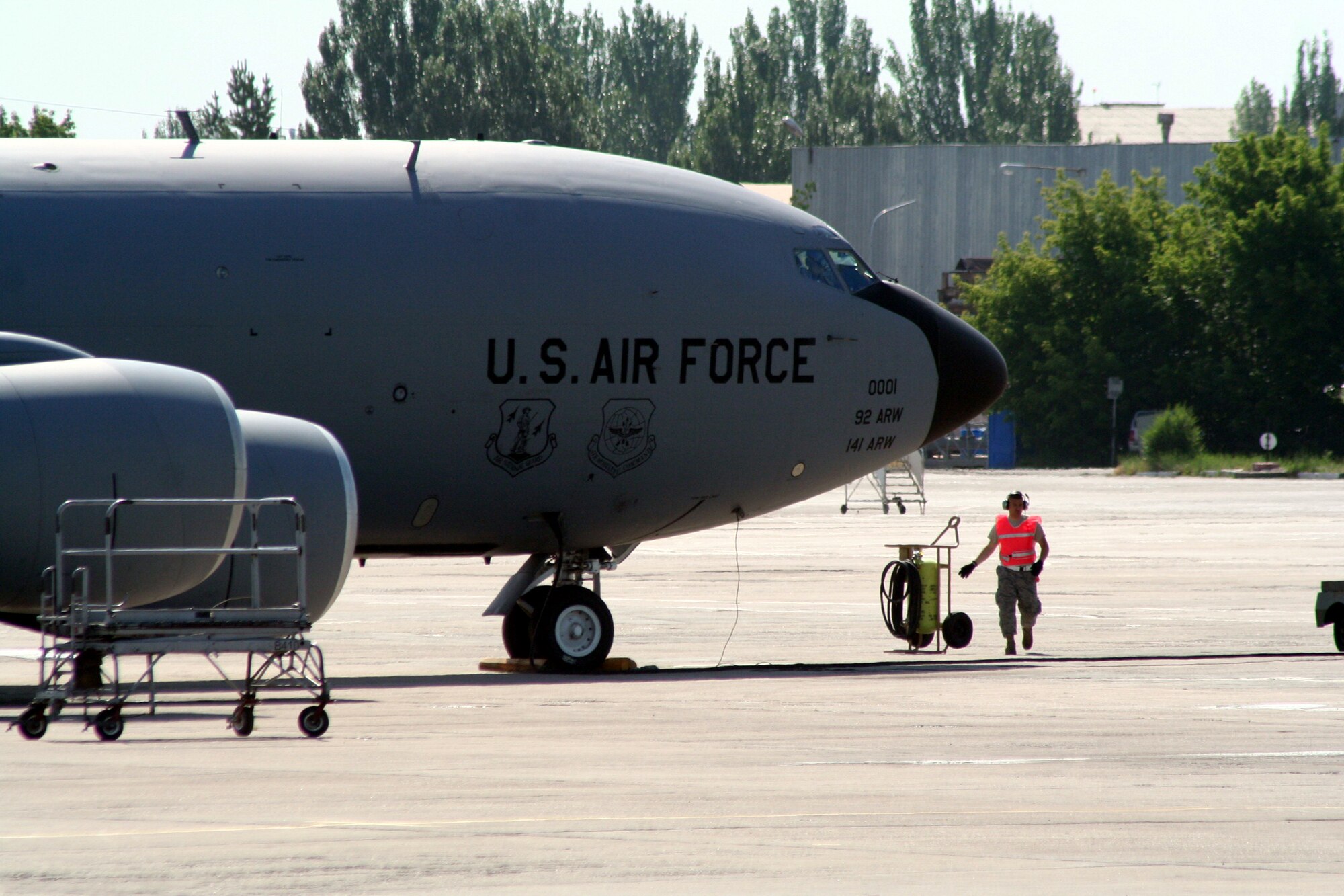 Aircraft maintenance Airmen assigned to the 376th Air Expeditionary Wing prepares KC-135R Stratotanker for a combat air refueling mission from the Transit Center at Manas, Kyrgyzstan, on June 7, 2011. The 376th AEW supports Operation Enduring Freedom and other operations in the U.S. Central Command area of responsibility. (U.S. Air Force Photo/Master Sgt. Scott T. Sturkol)