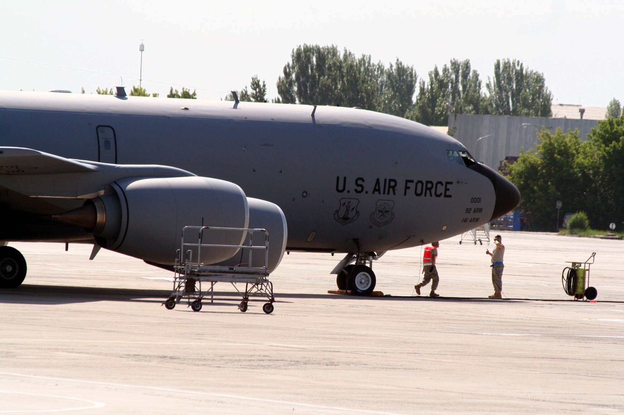 Aircraft maintenance Airmen assigned to the 376th Air Expeditionary Wing prepares KC-135R Stratotanker for a combat air refueling mission from the Transit Center at Manas, Kyrgyzstan, on June 7, 2011. The 376th AEW supports Operation Enduring Freedom and other operations in the U.S. Central Command area of responsibility. (U.S. Air Force Photo/Master Sgt. Scott T. Sturkol)