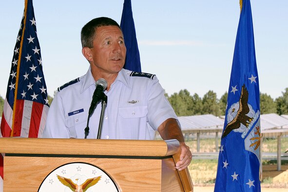 Lt. Gen. Mike Gould speaks at the dedication ceremony for the Air Force Academy's 6-megawatt solar array June 13, 2011. The array will produce about 12,000 megawatt-hours per year, or 11 percent of the Academy's overall energy needs. The Academy's vision is to produce 100 percent of its power through renewable resources by 2020. General Gould is the Academy superintendent. (U.S. Air Force photo/Mike Kaplan)