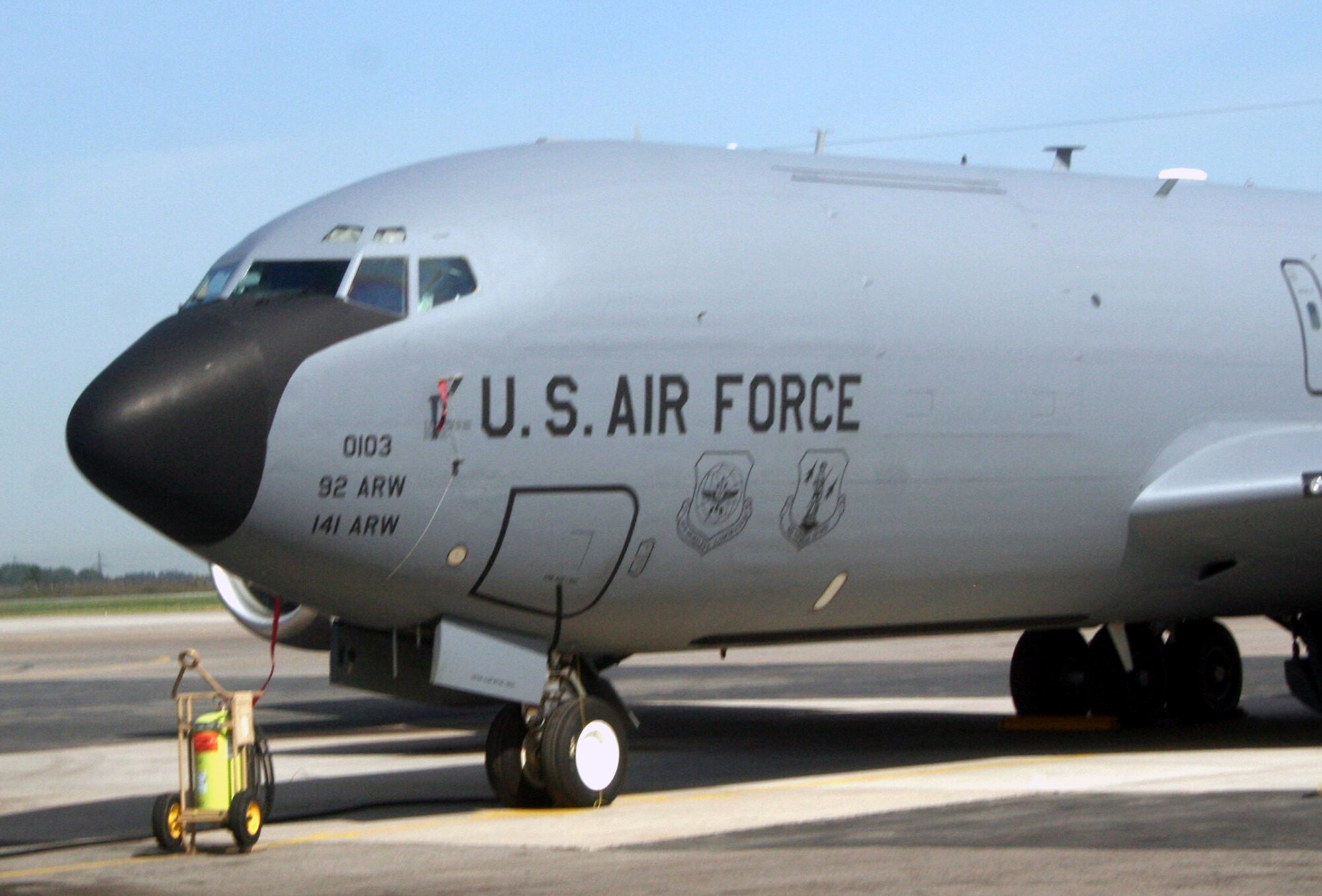 A KC-135R Stratotanker deployed to the 376th Air Expeditionary Wing is parked on  the flightline at the Transit Center at Manas, Kyrgyzstan, on June 7, 2011. The 376th AEW supports Operation Enduring Freedom and other operations in the U.S. Central Command area of responsibility. (U.S. Air Force Photo/Master Sgt. Scott T. Sturkol)
