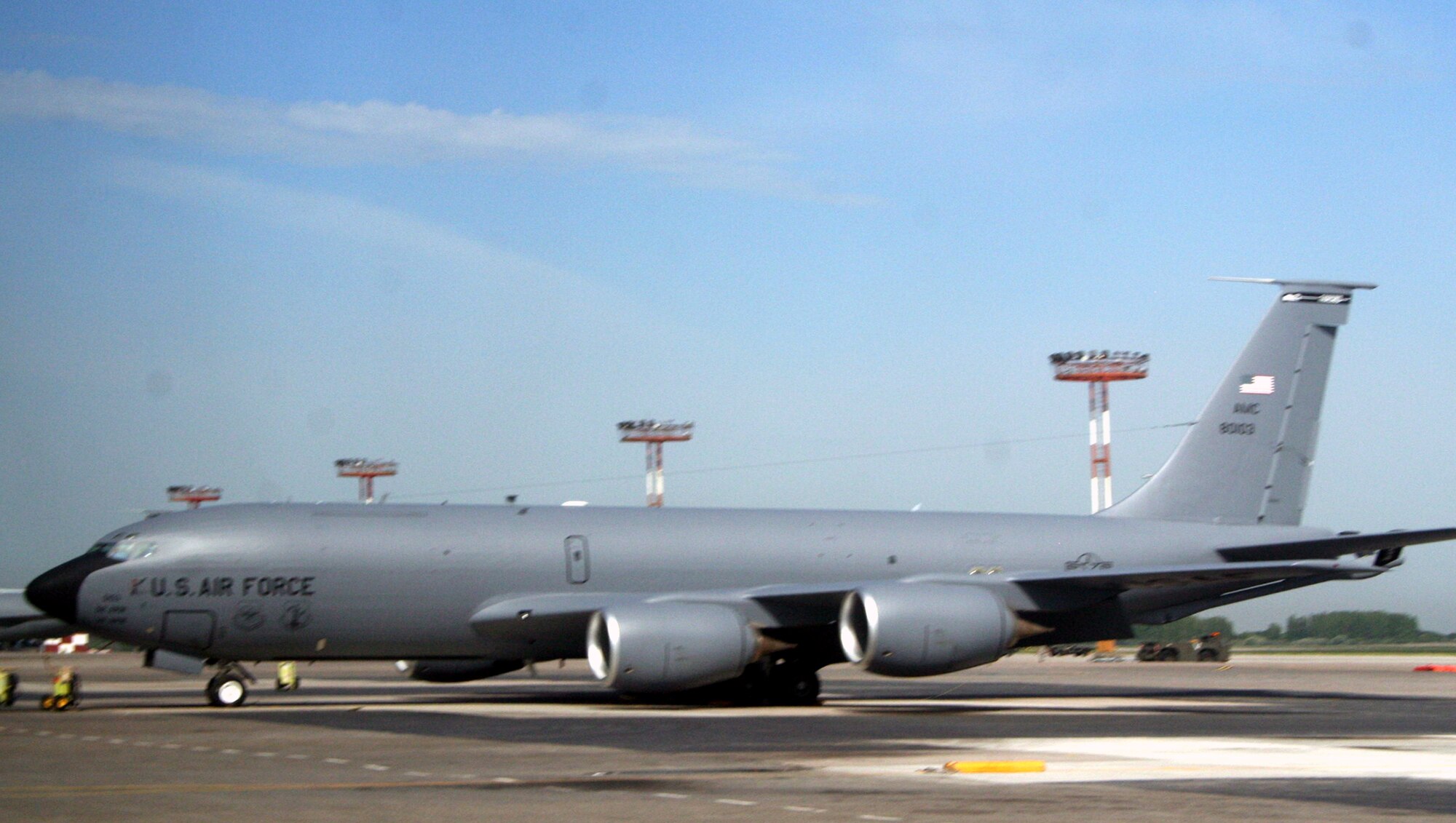 A KC-135R Stratotanker deployed to the 376th Air Expeditionary Wing is parked on  the flightline at the Transit Center at Manas, Kyrgyzstan, on June 7, 2011. The 376th AEW supports Operation Enduring Freedom and other operations in the U.S. Central Command area of responsibility. (U.S. Air Force Photo/Master Sgt. Scott T. Sturkol)