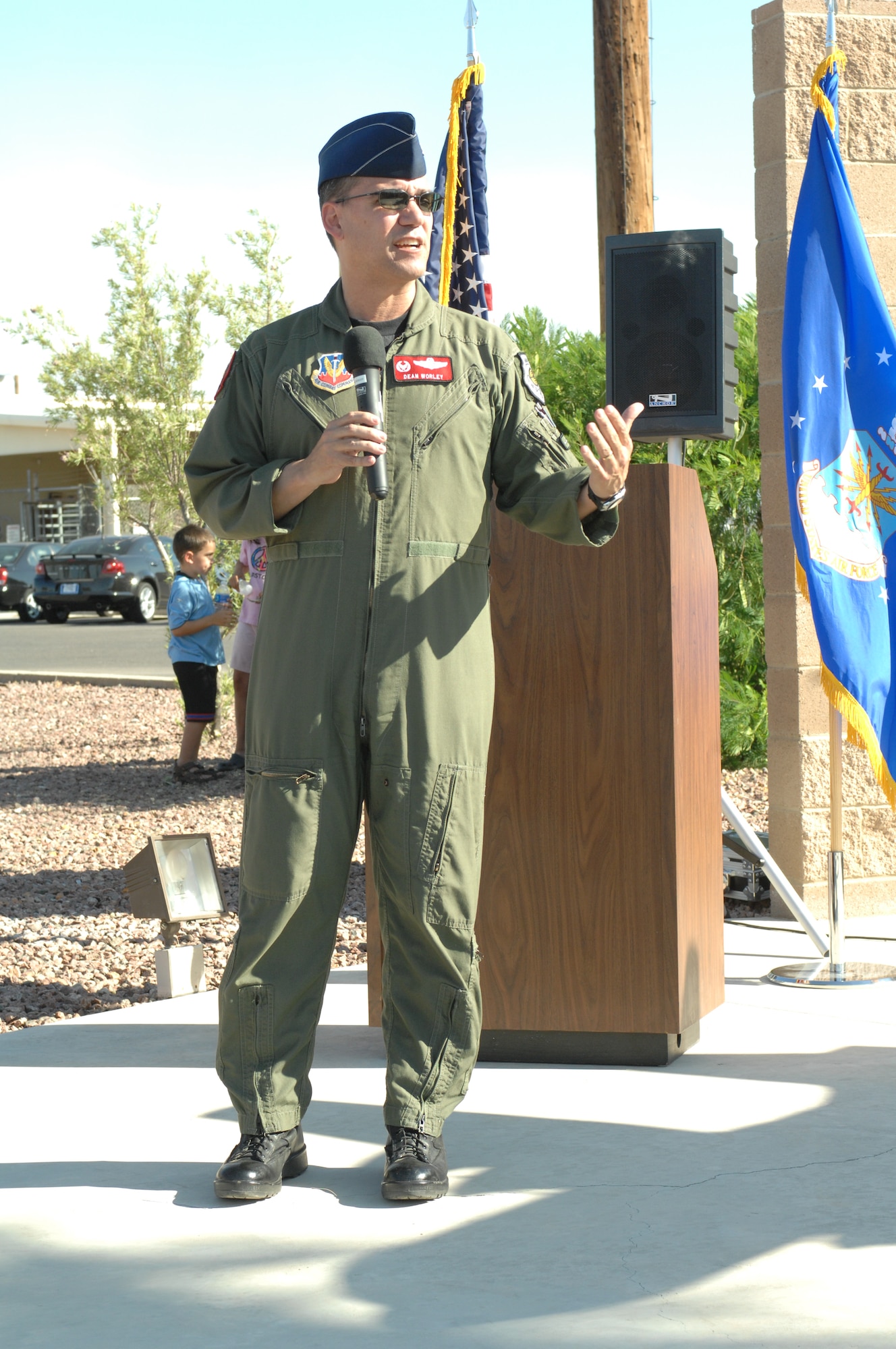 Col. Dean Worley, 55th Electronic Combat Group commander, speaks during the 55th ECG Heritage Wall unveiling ceremony here June 2.