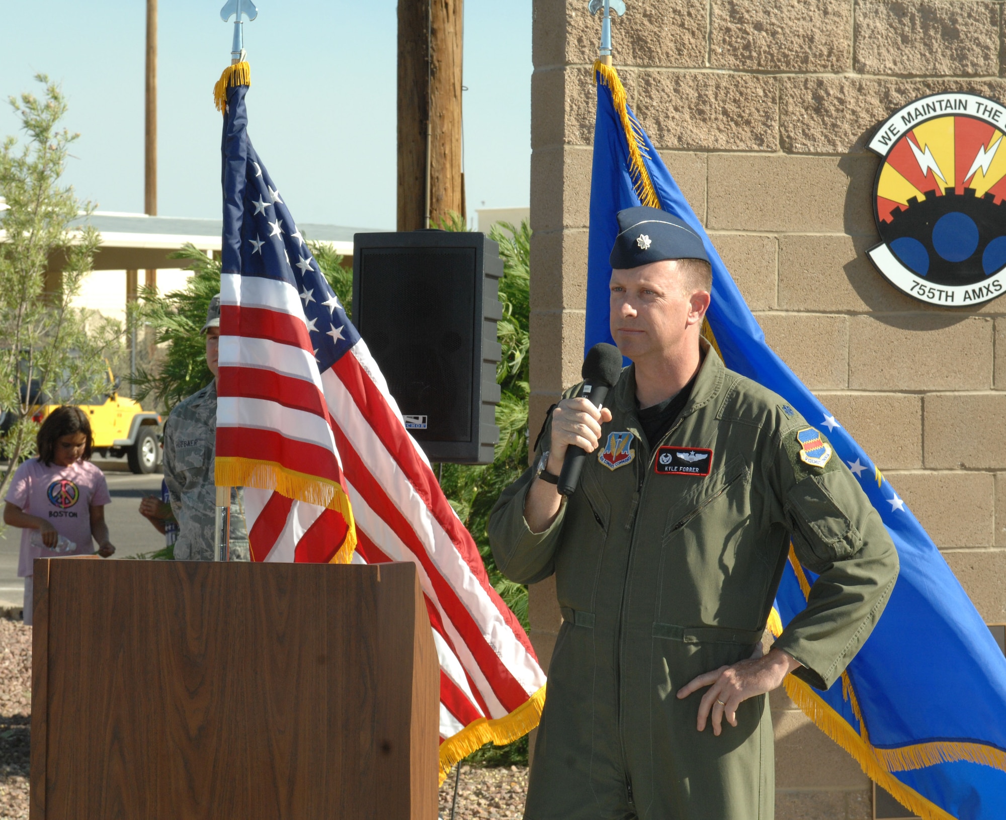 Lt. Col. Kyle Forrer, 43rd Electronic Combat Squadron commander, gives opening remarks at the 55th Electronic Combat Group Heritage Wall unveiling ceremony here June 2. 