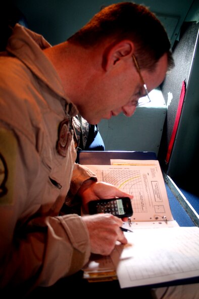 Master Sgt. Bradley Bronov, C-5 Galaxy flight engineer, works in a C-5M Super Galaxy on June 5, 2011, prior to departing for a direct delivery airlift mission through the Arctic Circle from Dover Air Force Base, Del., to Bagram Airfield, Afghanistan. Sergeant Bronov wasone of 14 crewmembers who flew the mission. He is from the 9th Airlift Squadron at Dover AFB.  (U.S. Air Force Photo/Master Sgt. Scott T. Sturkol)