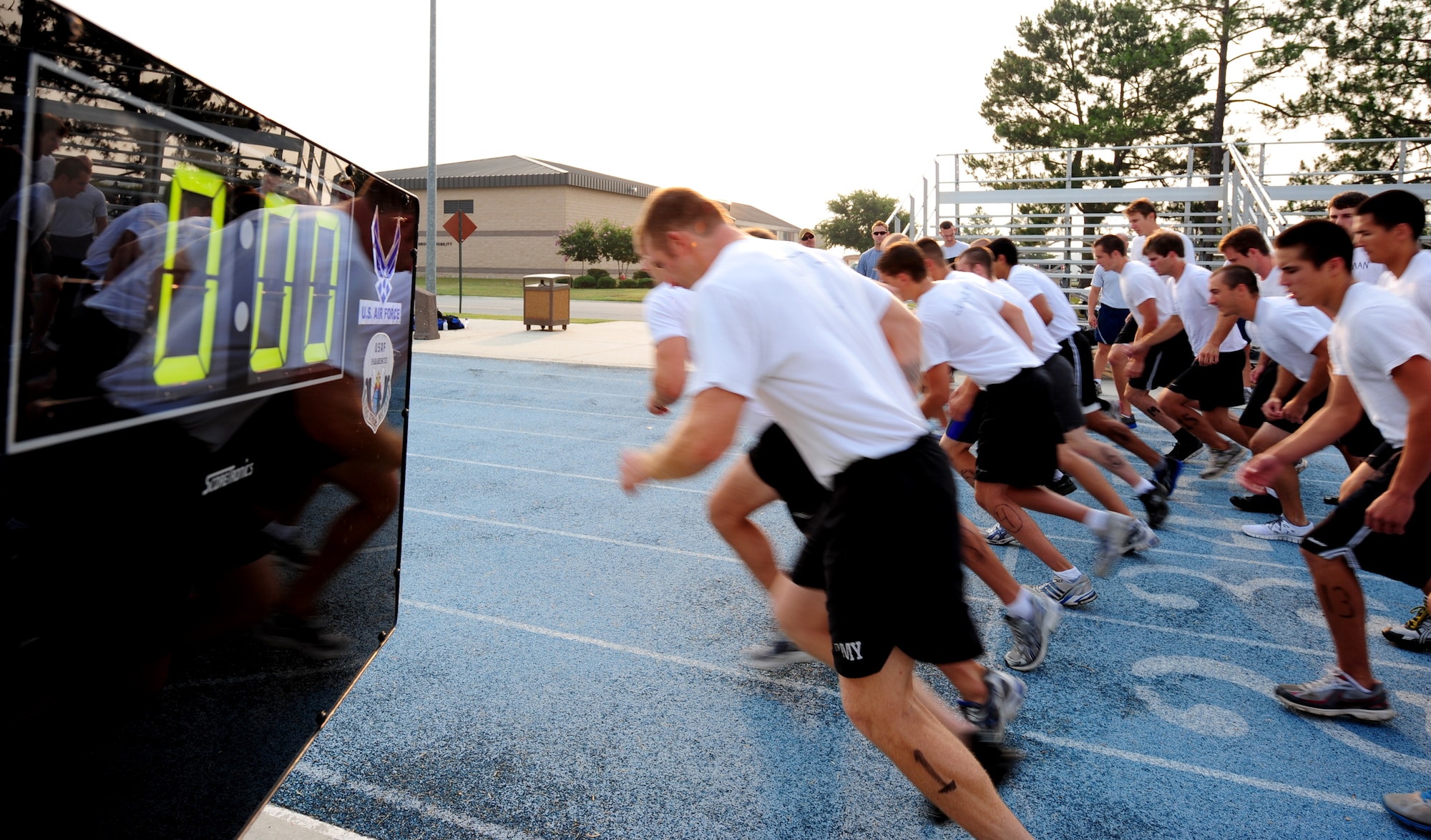 U.S. Air Force recruits begin the 1.5-mile run portion of a physical ability and stamina test during Battlefield Airman Camp held at Moody Air Force Base, Ga., June 10, 2011. The program coordinated by the 336th Recruiting Squadron and special operations liaison officer helps prepare future special operations Airmen by mentally preparing them for the intensive training they will endure. (U.S. Air Force photo by Senior Airman Stephanie Mancha/Released)